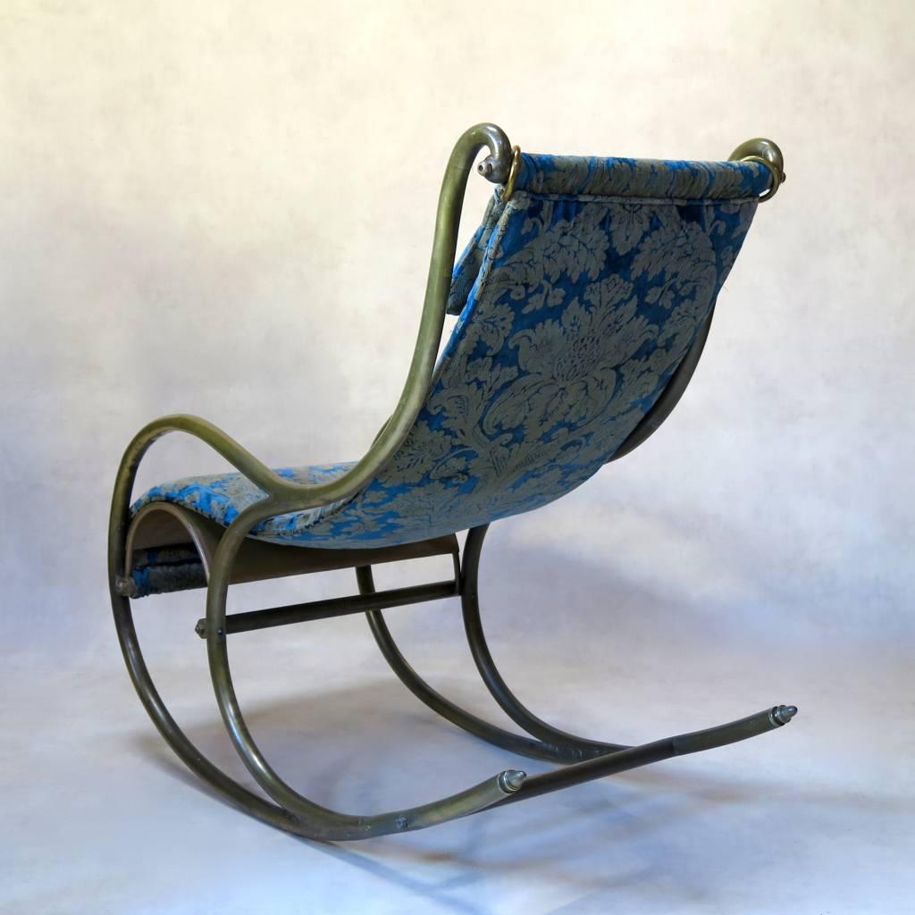 Art Nouveau Chunky Brass Rocking Chair with Damask Velvet Upholstery, France, 1900s For Sale