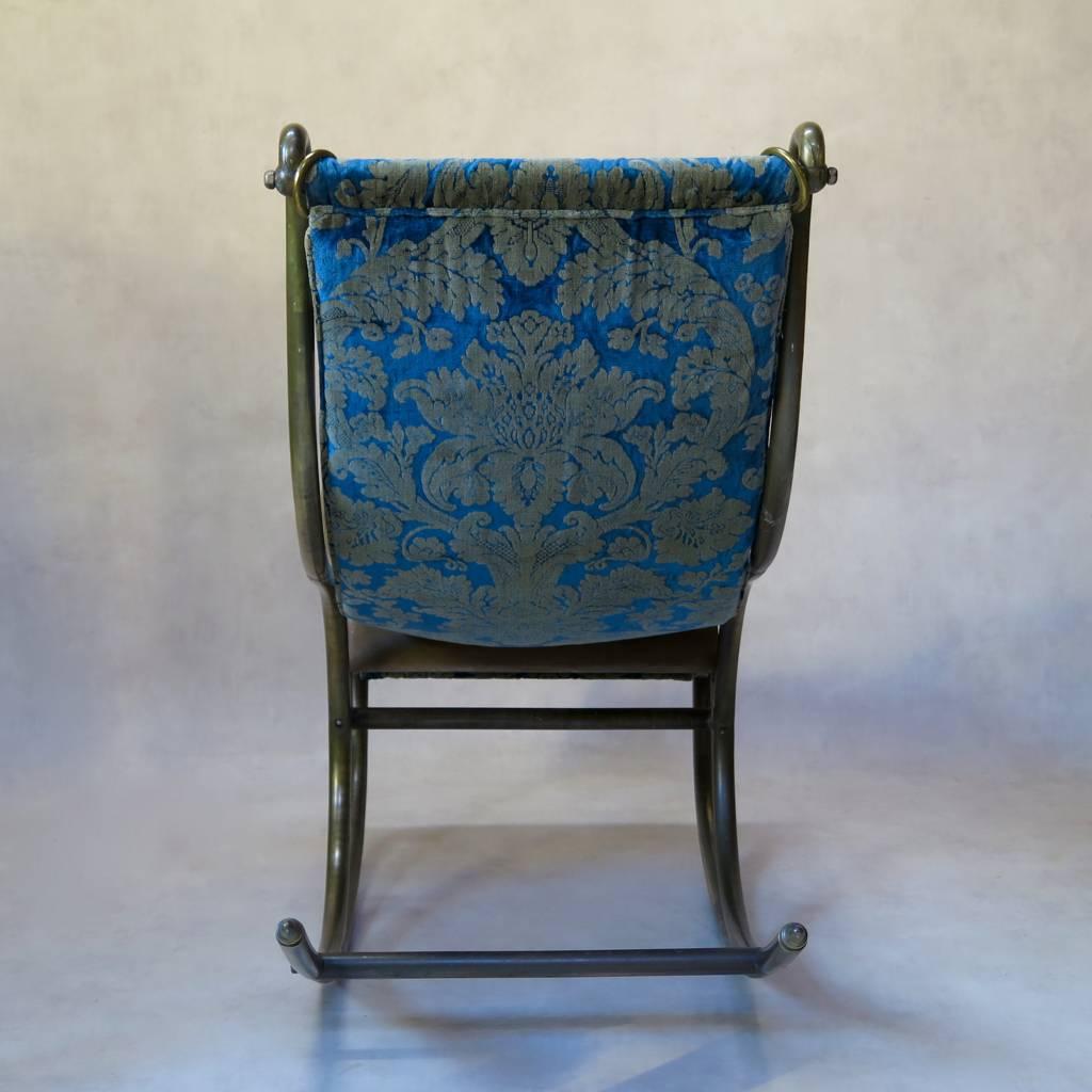 French Chunky Brass Rocking Chair with Damask Velvet Upholstery, France, 1900s For Sale