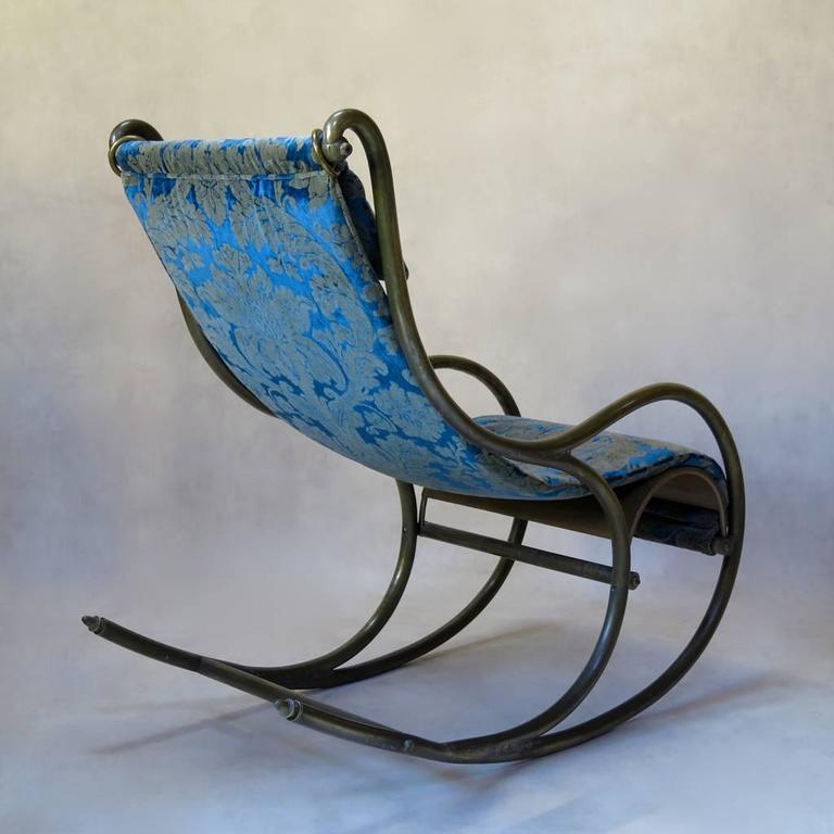 Chunky Brass Rocking Chair with Damask Velvet Upholstery, France, 1900s