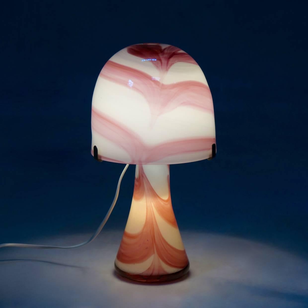 Very pretty table lamp with a swirling pink pattern on a white background.
