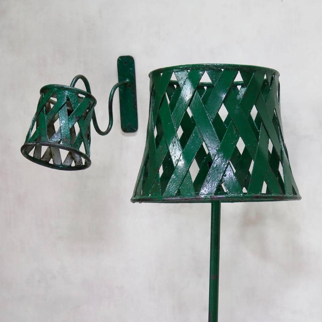 French Green Painted Iron Floor Lamp and Four Sconces, France, 1950s