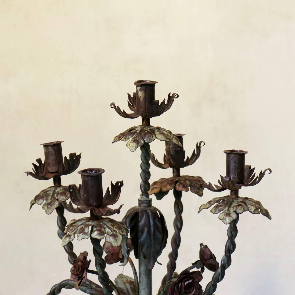 French Pair of Polychromed Iron Candleholders, France, circa 1900s For Sale