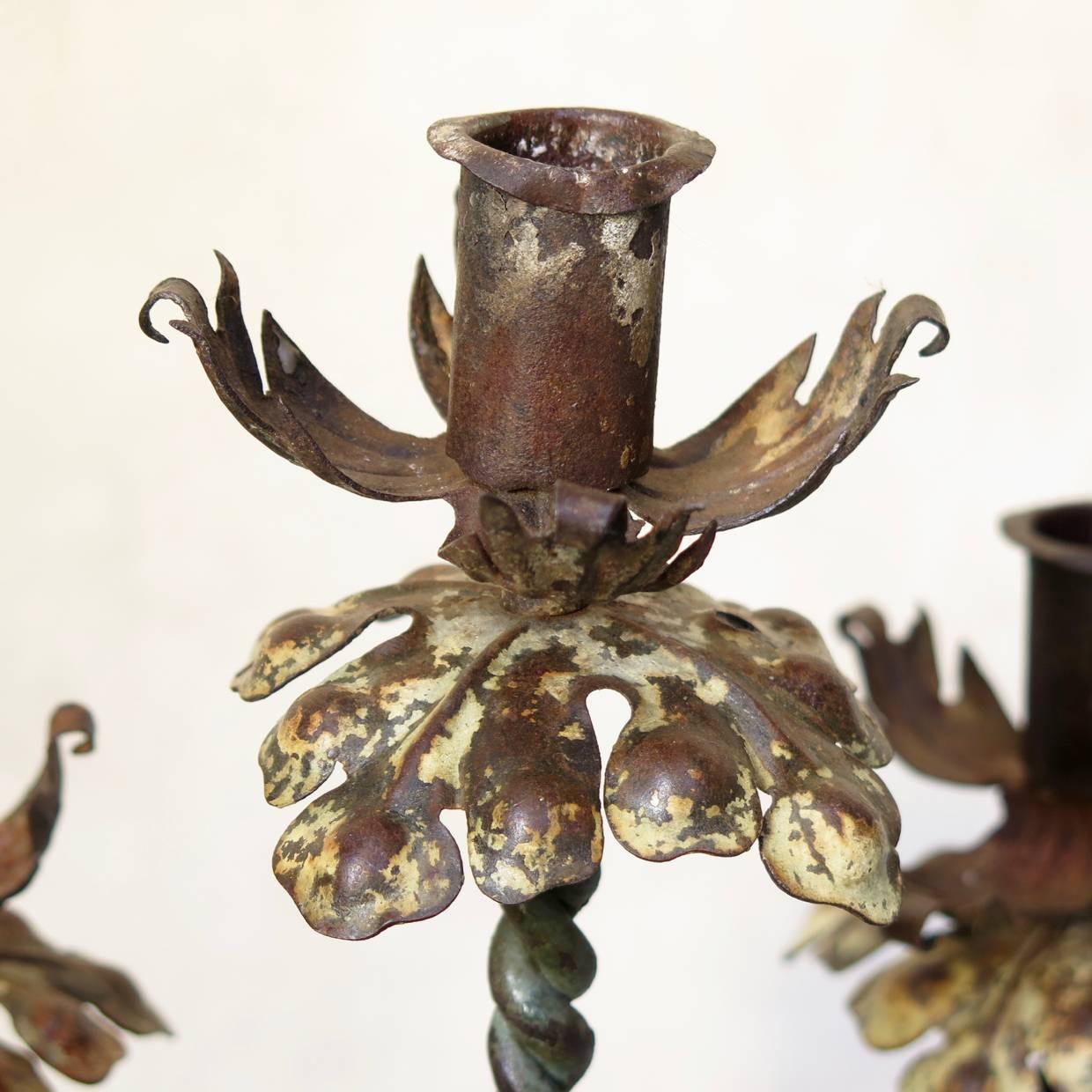 Pair of Polychromed Iron Candleholders, France, circa 1900s For Sale 1