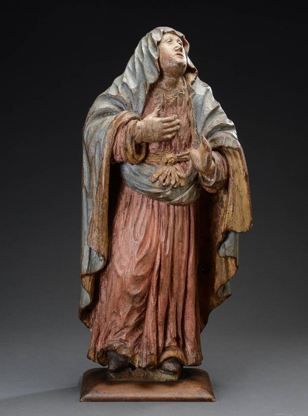 17th century Baroque sculpture. West Europe, probably Germany. Polychromed carved oak.
Chips on left hand fingers. 
Measures: H 71cm. (28