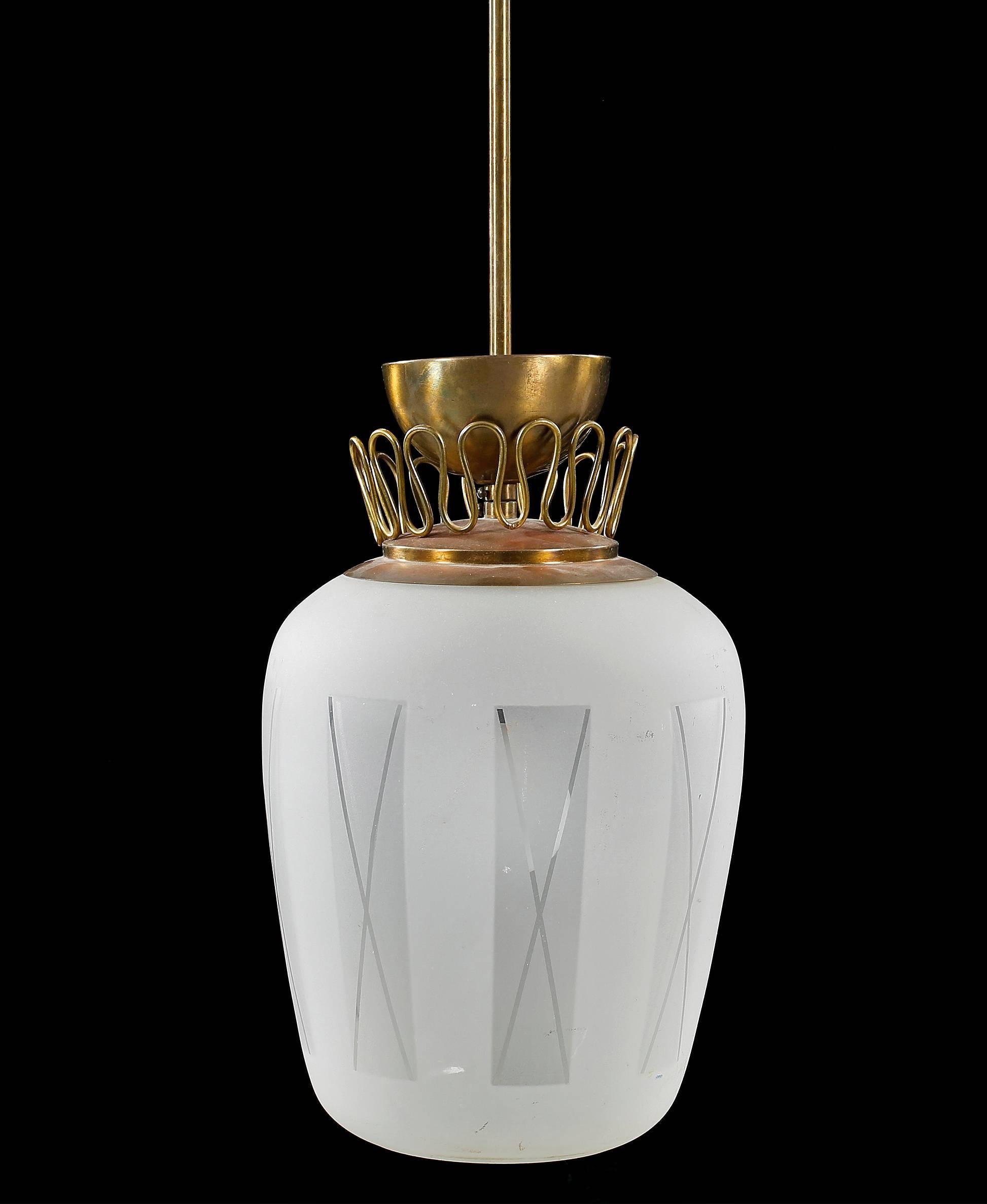 Swedish pendant, circa 1940.
Etched glass with brass decoration.
Existing wiring, rewiring available upon request.
2 fixtures available, price is for each.