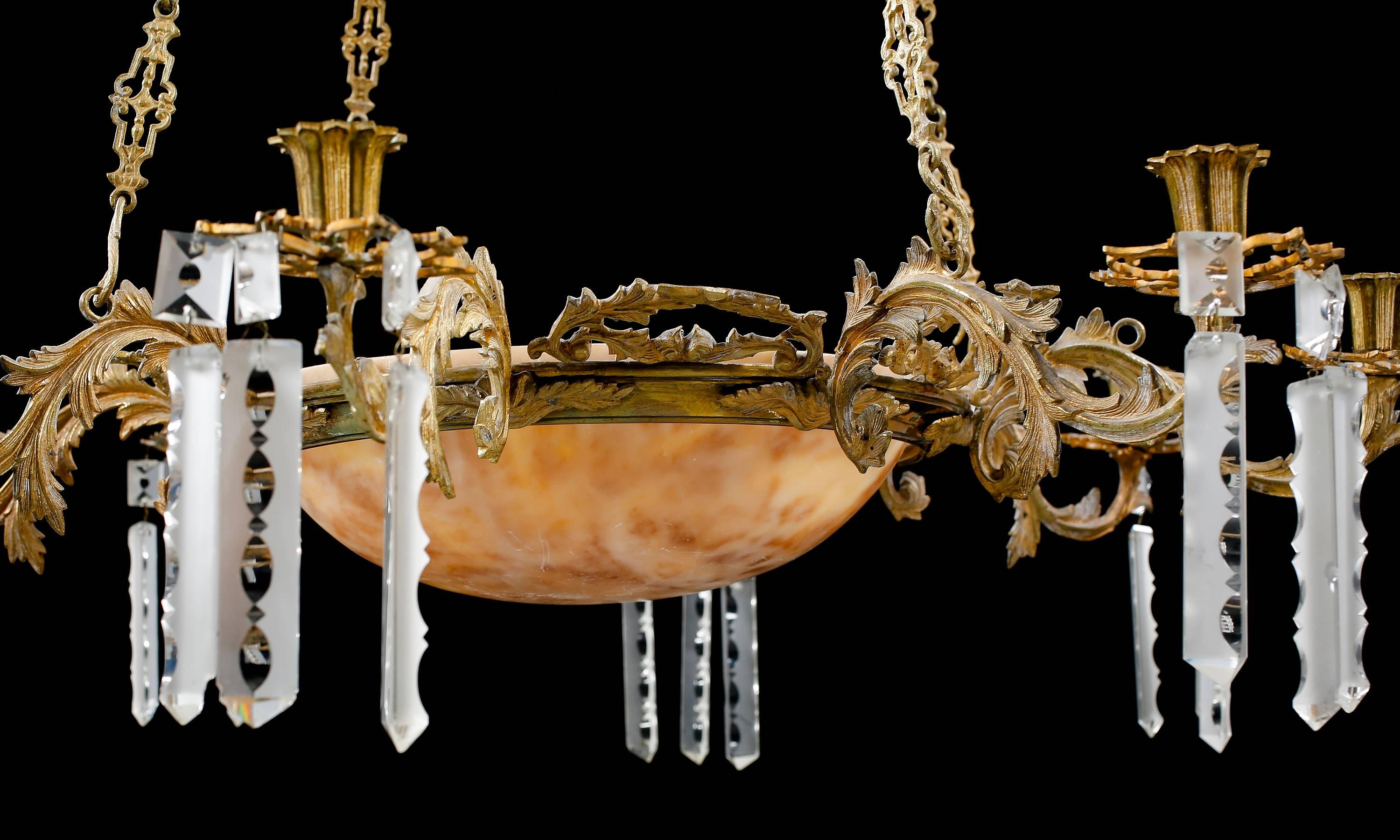 Lare, late 19th century Swedish chandelier. Bronze, crystal and alabaster.
Not electrified, electrical wiring available upon request.