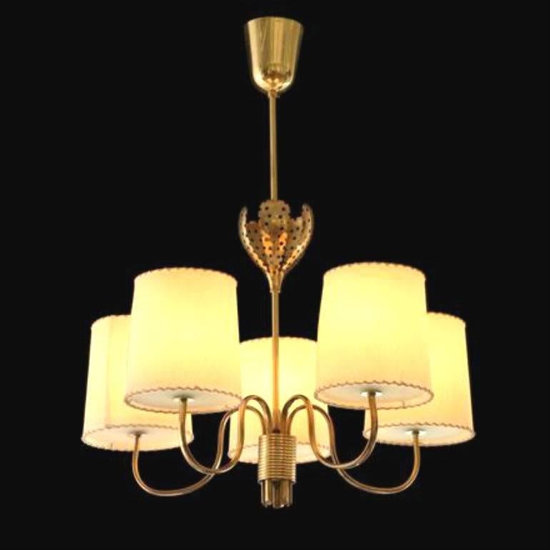 A chandelier designed Paavo Tynell for Taito Oy. Model 9030, circa 1950.
Brass, etched glass, pergament. Marked by manufacturer.
Existing wiring, rewiring available upon request.
 