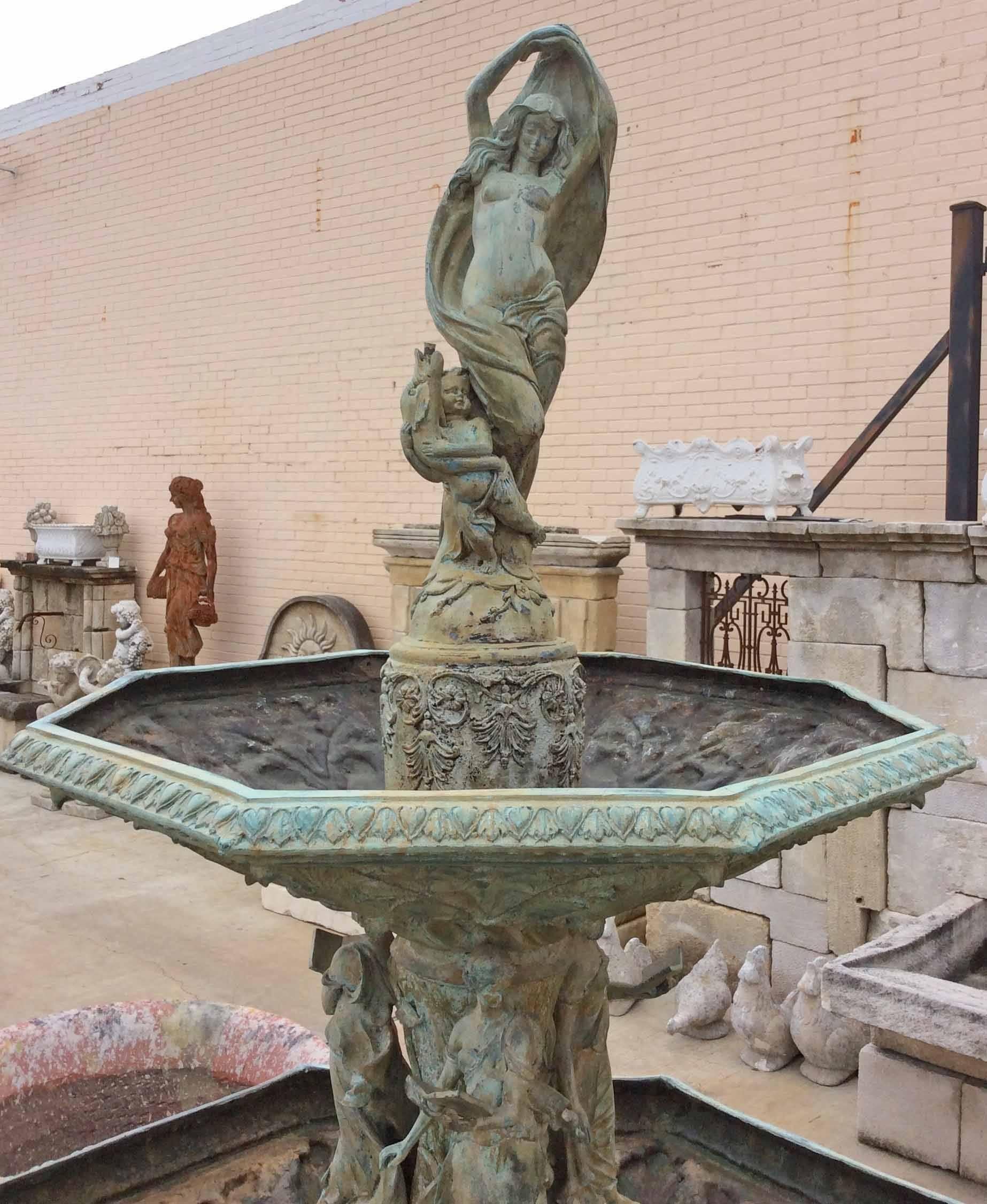 French antique bronze fountain features storytelling women with mermaids and children. 

Origin: France,

 circa 1900s.

Measurements: 60