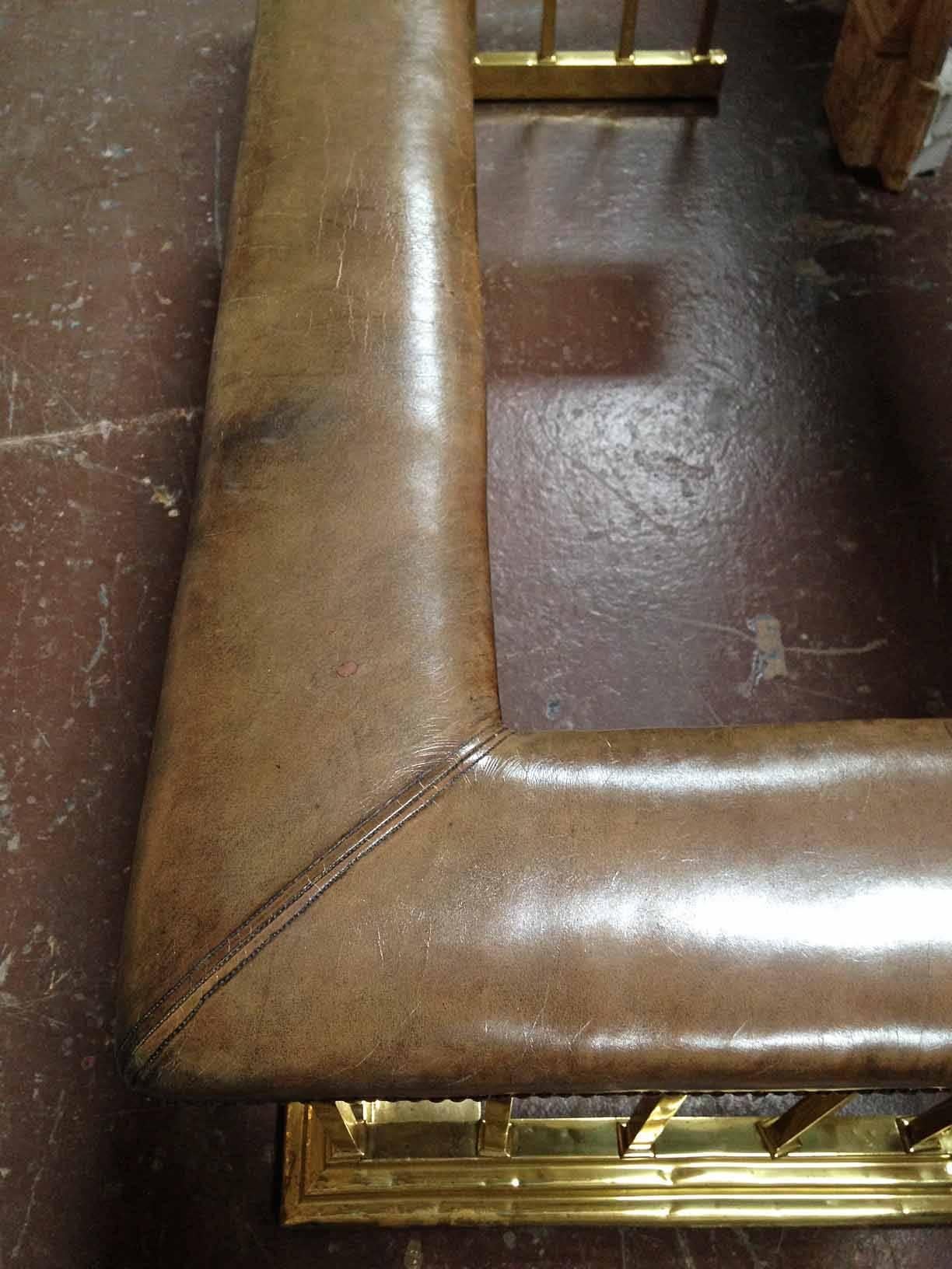 19th Century Antique English Brass and Leather Fireplace Fender