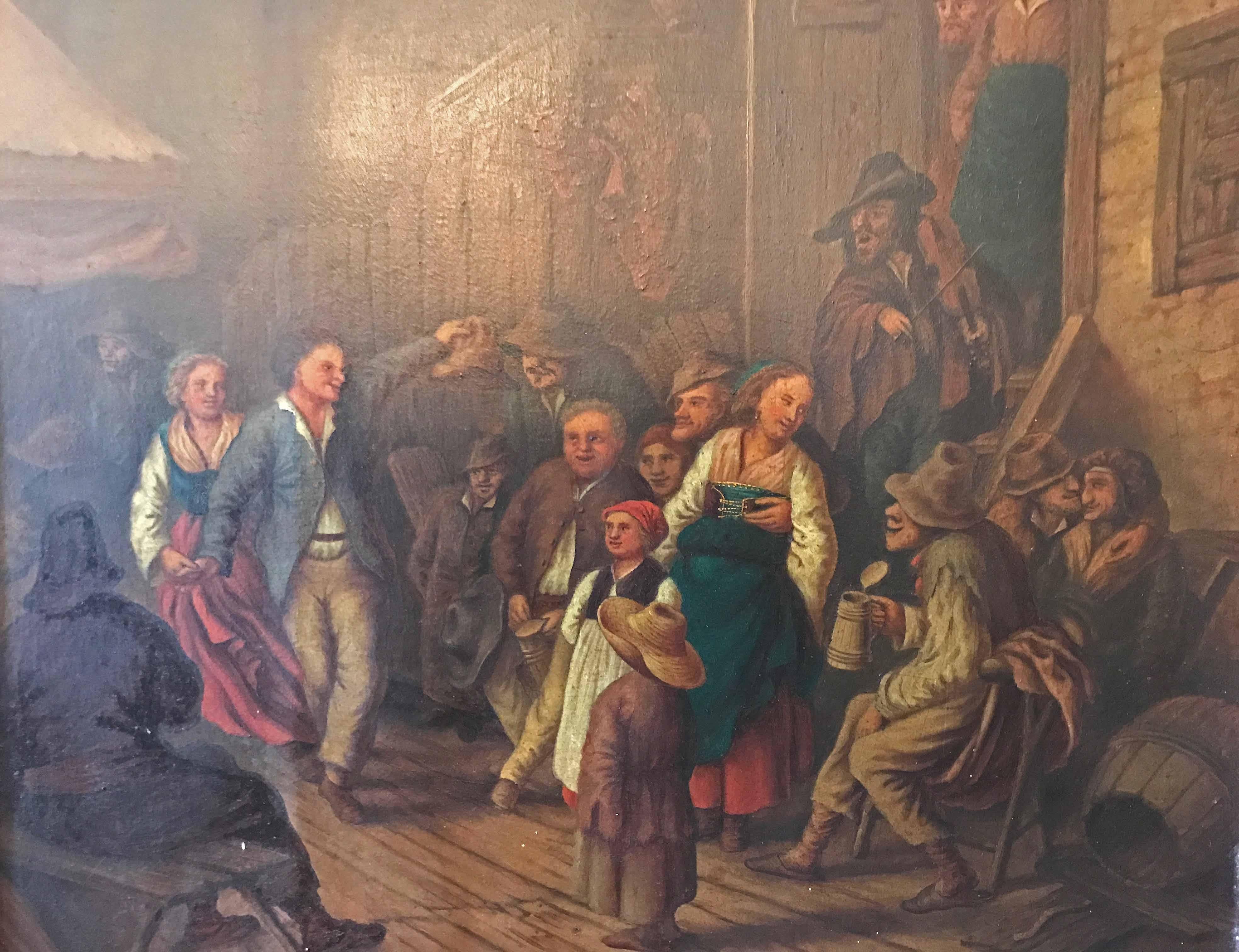 Peinture à l'huile d'une scène de taverne ancienne 

Origine : Belgique,

 vers 1820.

Mesures : 25