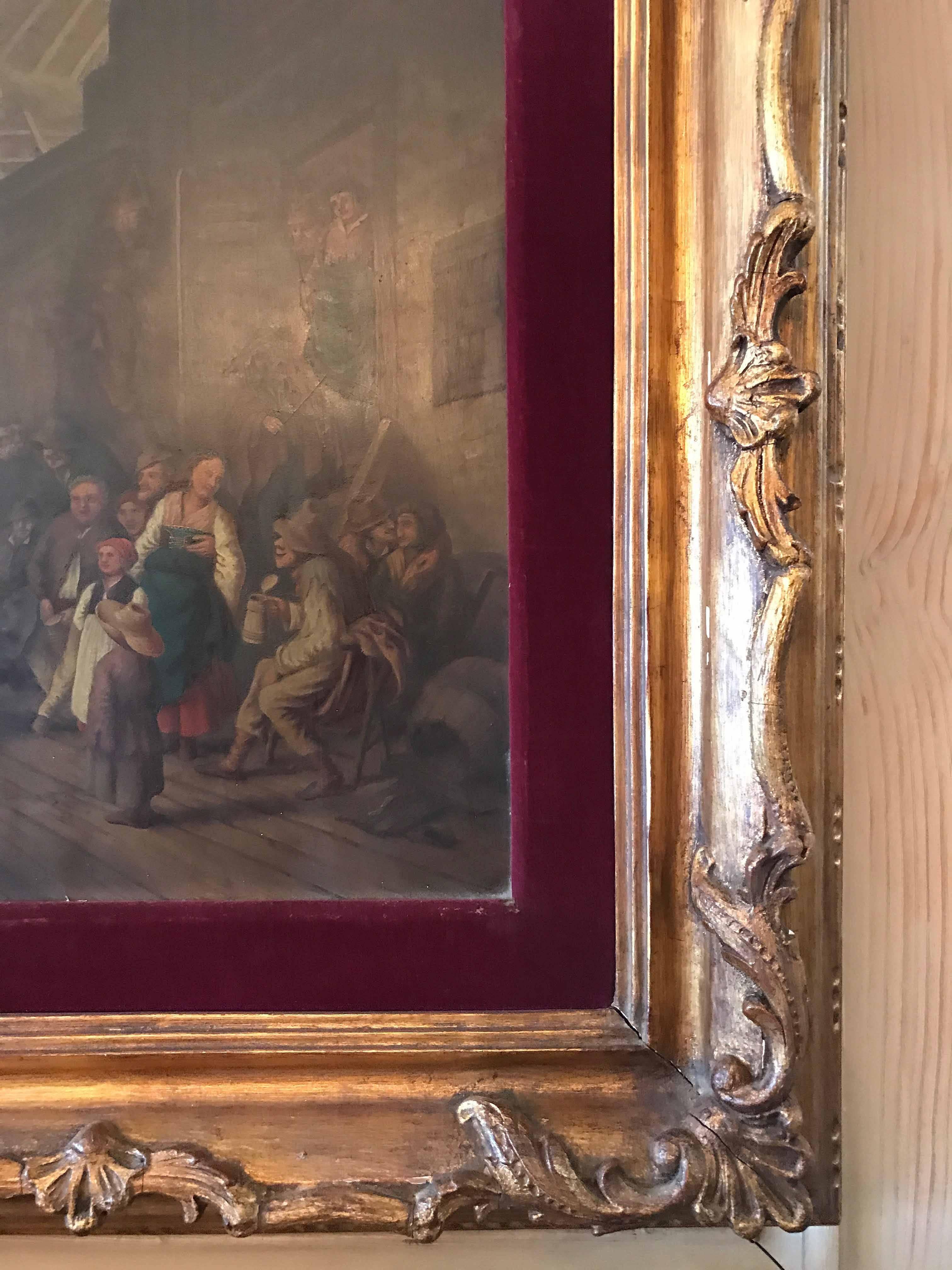 Pintura al Óleo Antigua Escena de Taberna Belga en venta