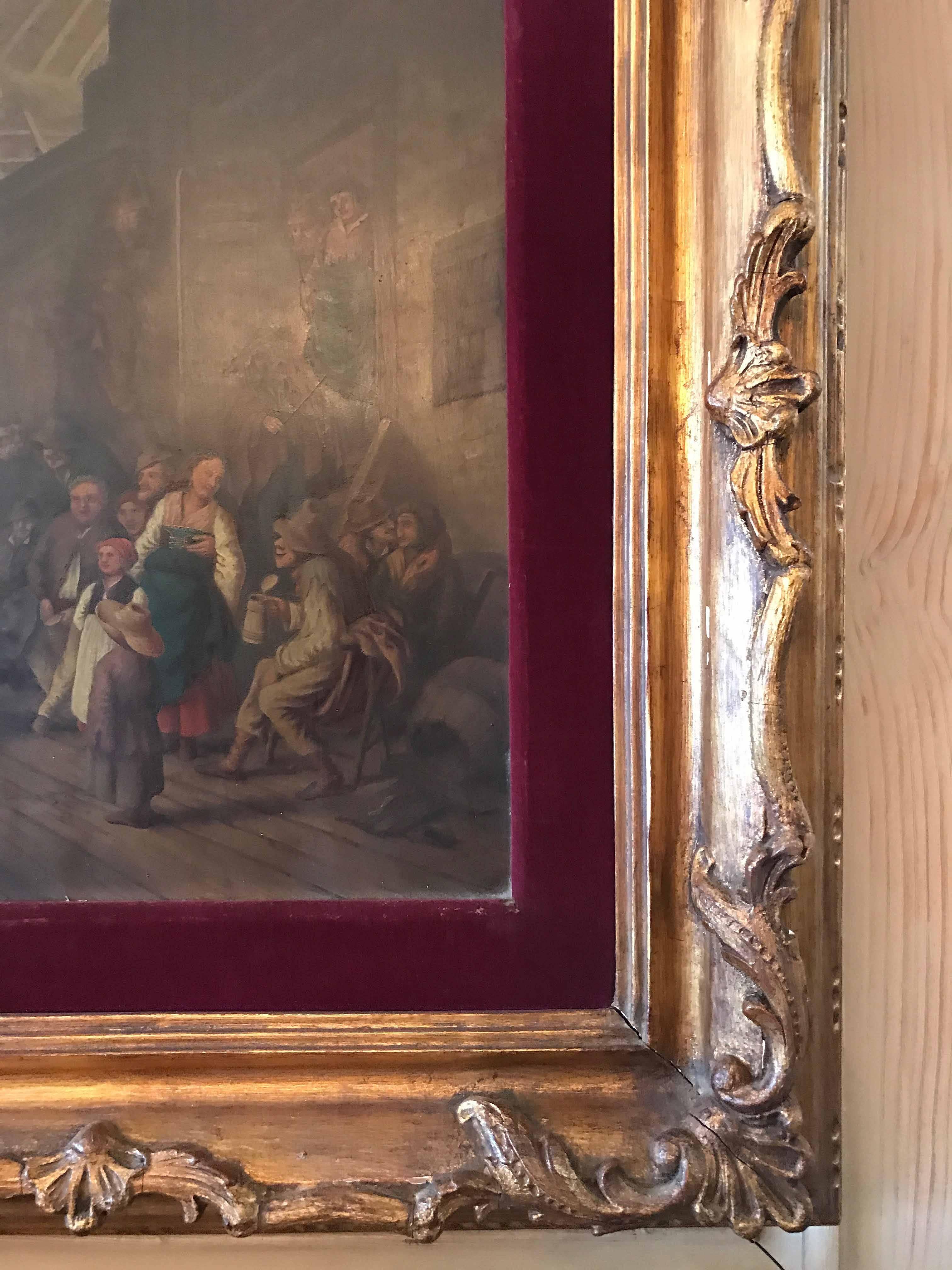 Belge Peinture à l'huile ancienne d'une scène de taverne en vente