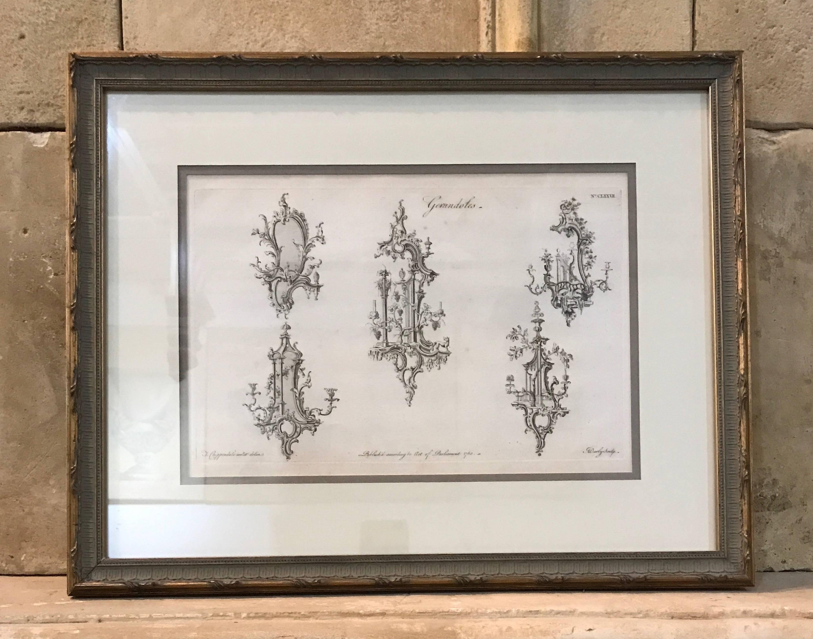 French Set of Four Chippendale Framed Design Book Engravings, circa 1760 For Sale
