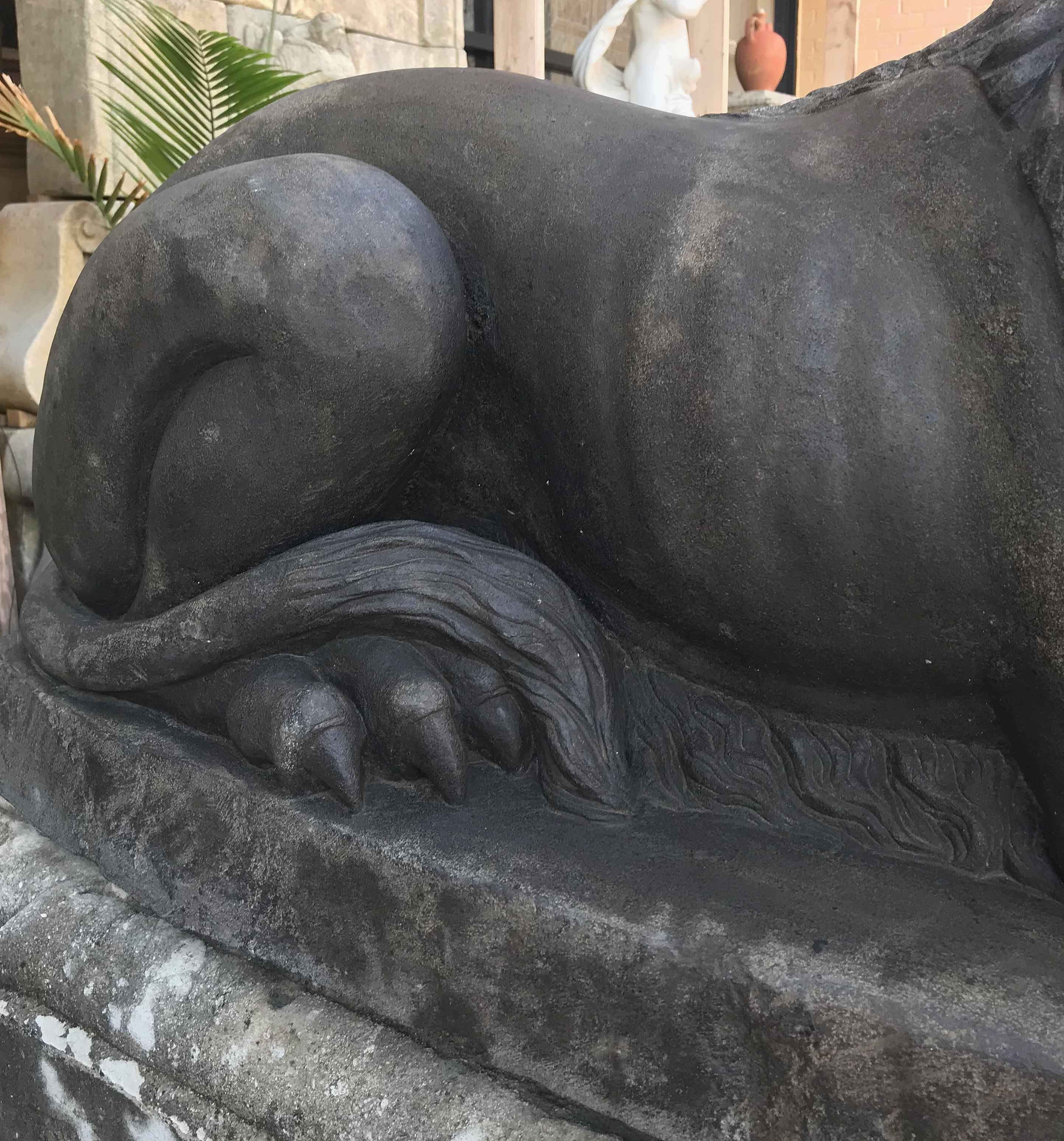 Bronze Pair of Antique Limestone Lions, circa 1850 For Sale