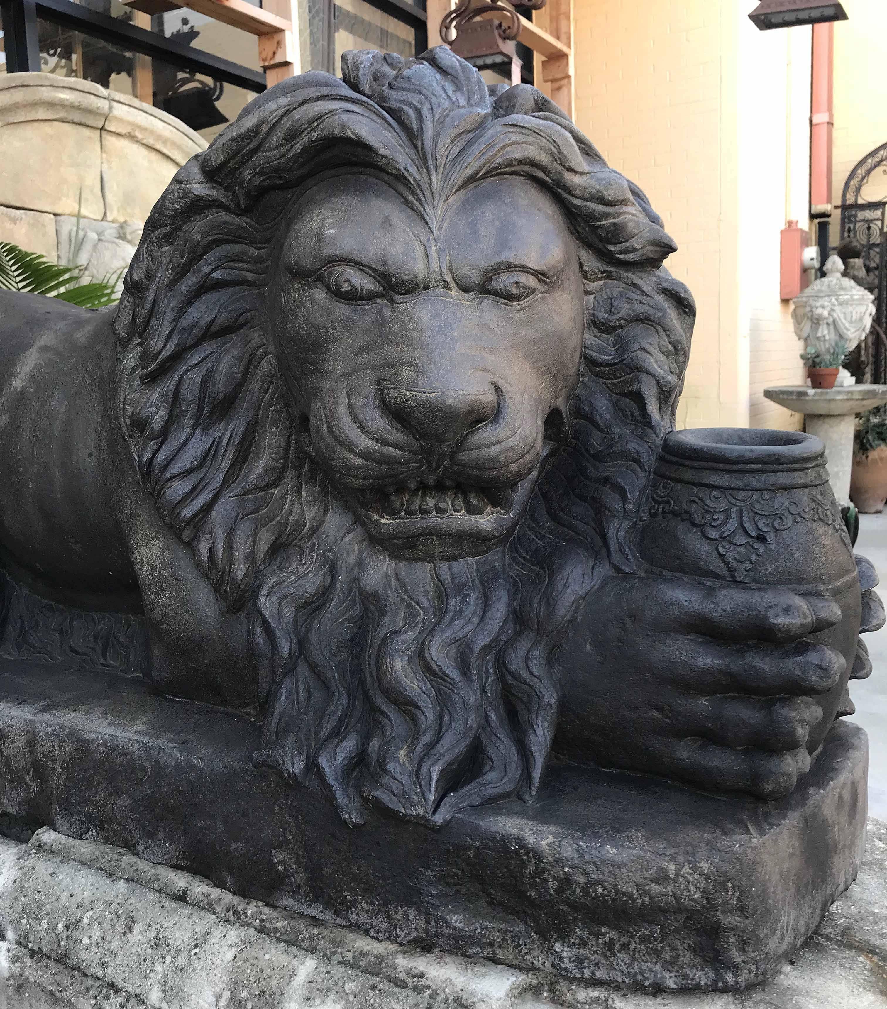 19th Century Pair of Antique Limestone Lions, circa 1850 For Sale