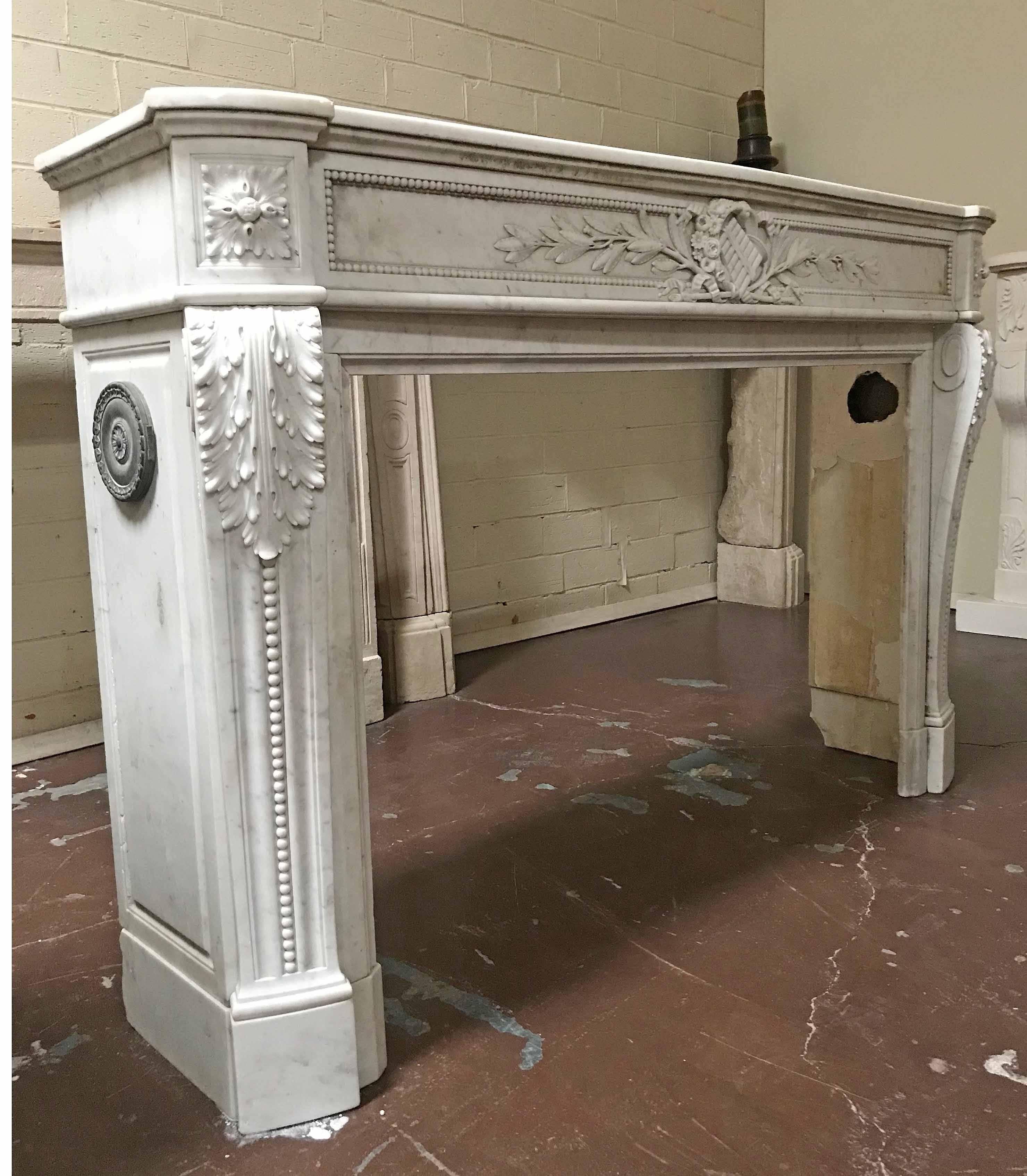 19th Century Louis XVI Finely Carved White Marble Mantel, circa 1820