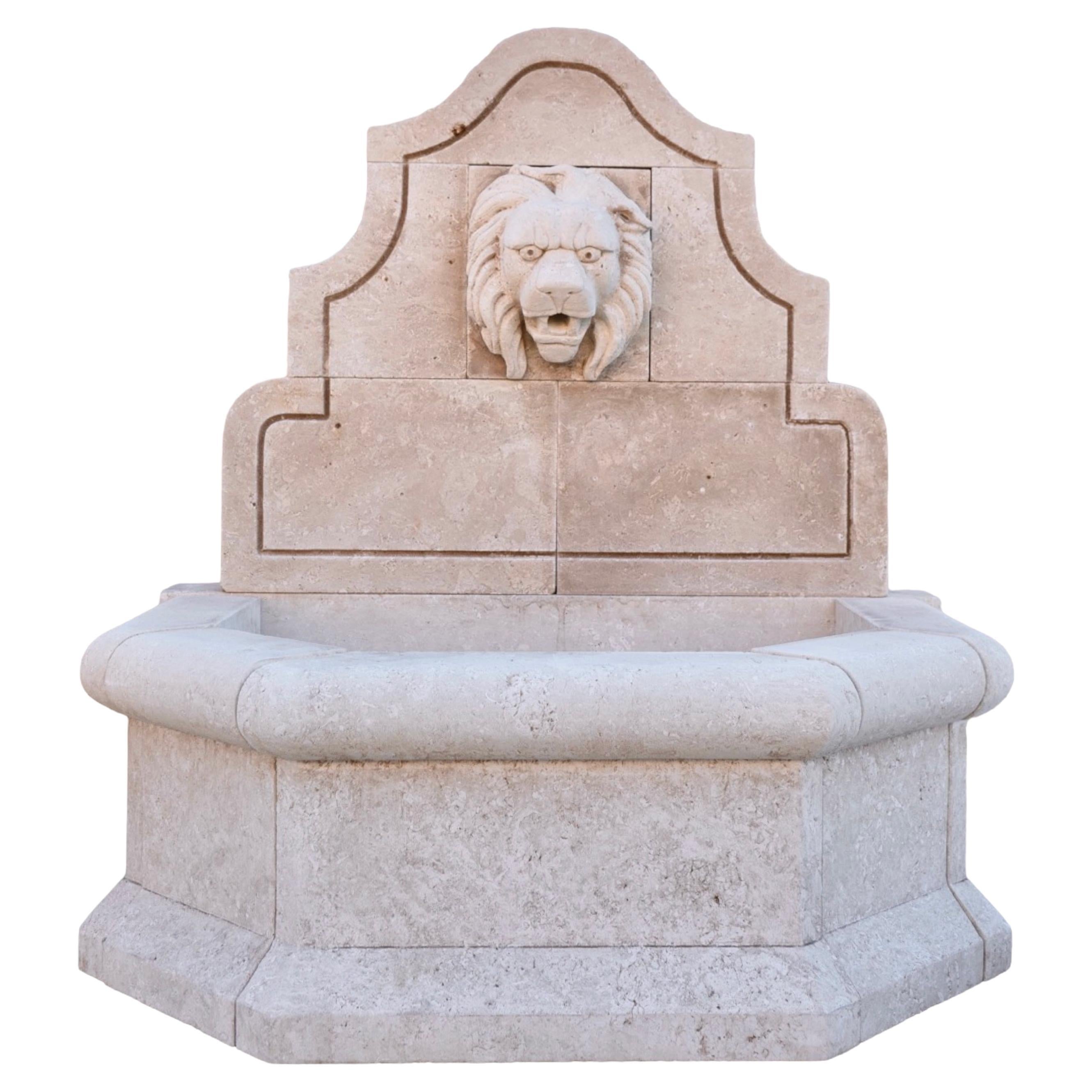Contemporary French Limestone Lion Wall Fountain For Sale