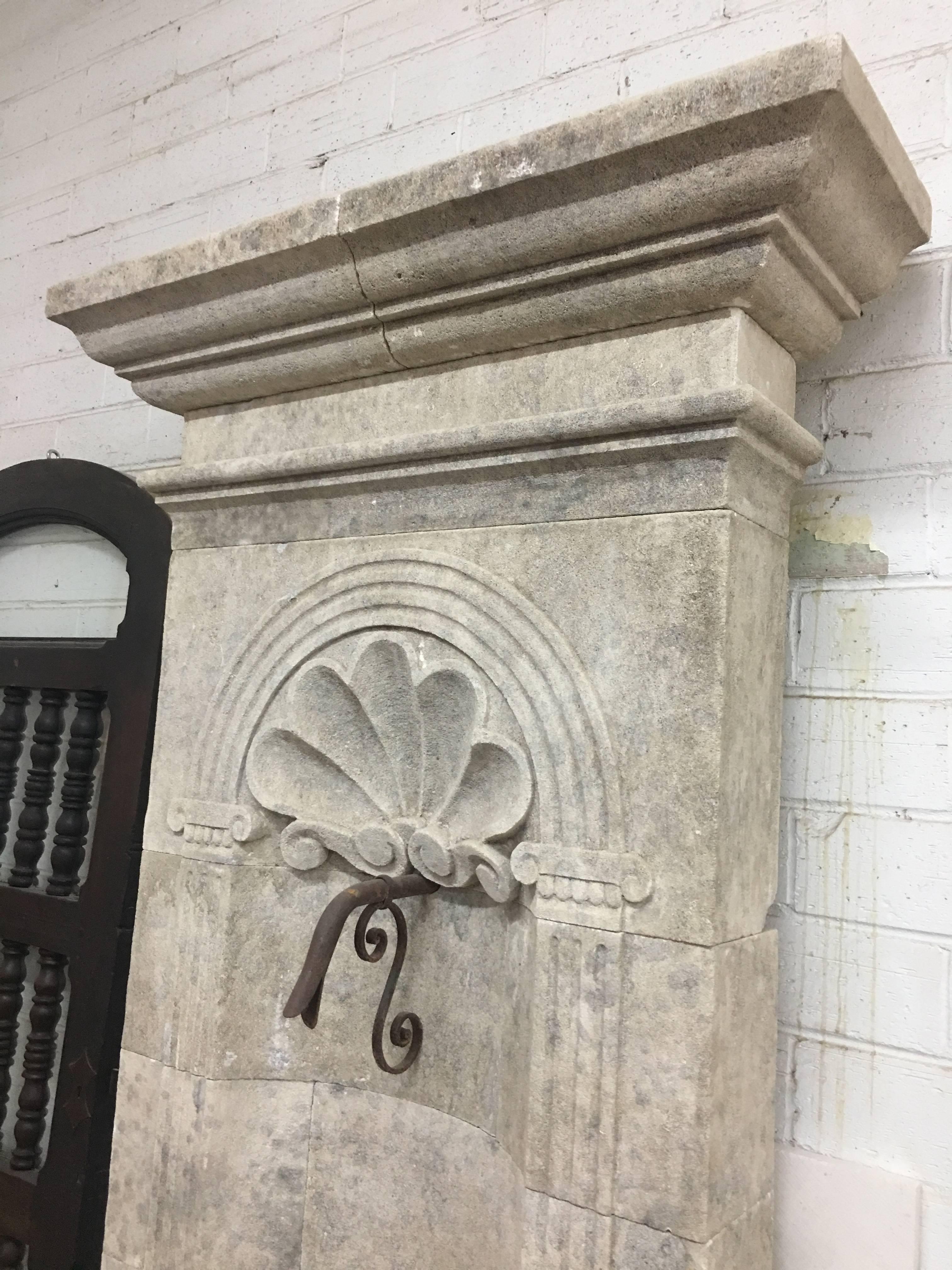 French Hand-Carved Limestone Wall Fountain