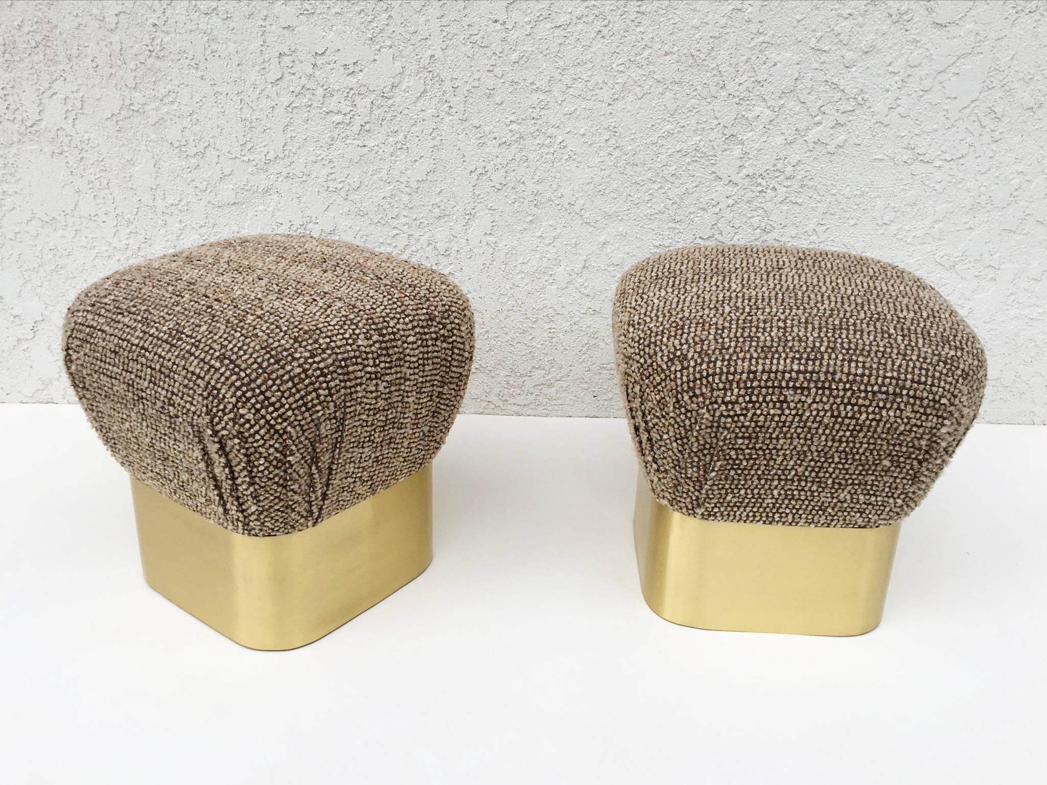 A pair of glamorous 1980s brushed brass poufs by Sally Sirkin Lewis for J. Robert Scott. 
Newly reupholstered in a nice fabric (please see detail photos).

  