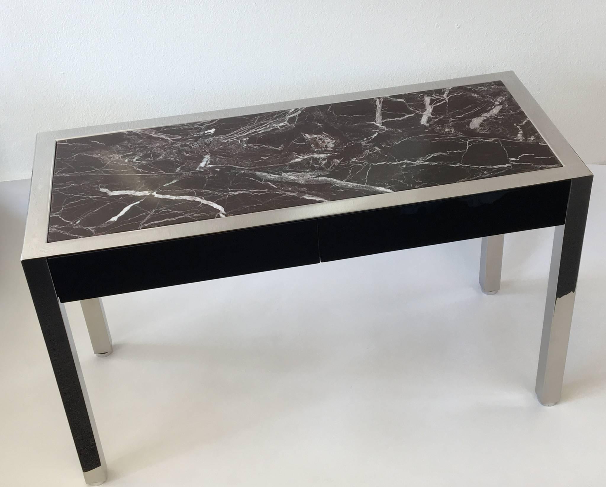 Modern Polished Stainless Steel and Marble Console with Drawers by Pace Collection For Sale