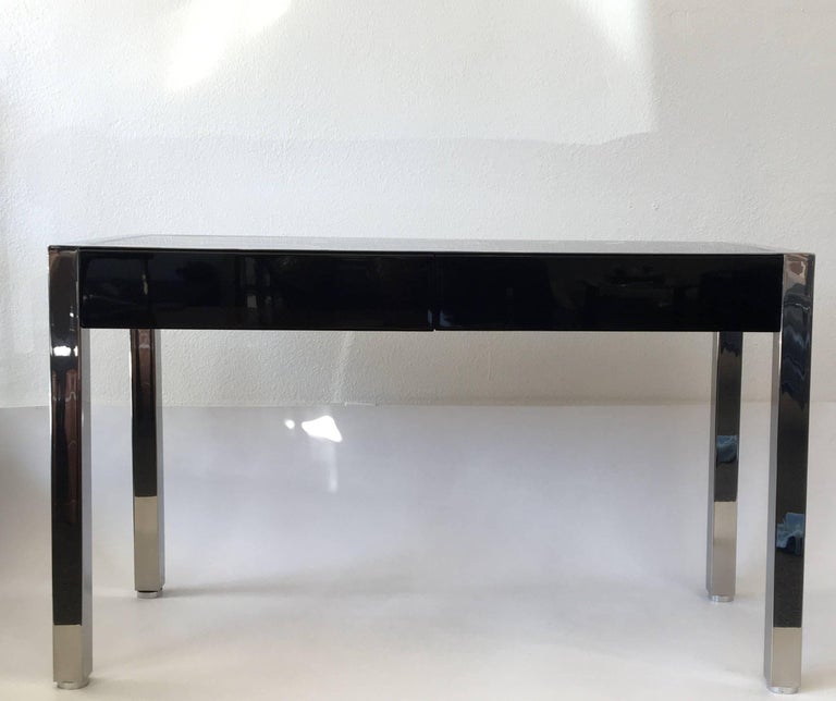 American Polished Stainless Steel and Marble Console with Drawers by Pace Collection For Sale