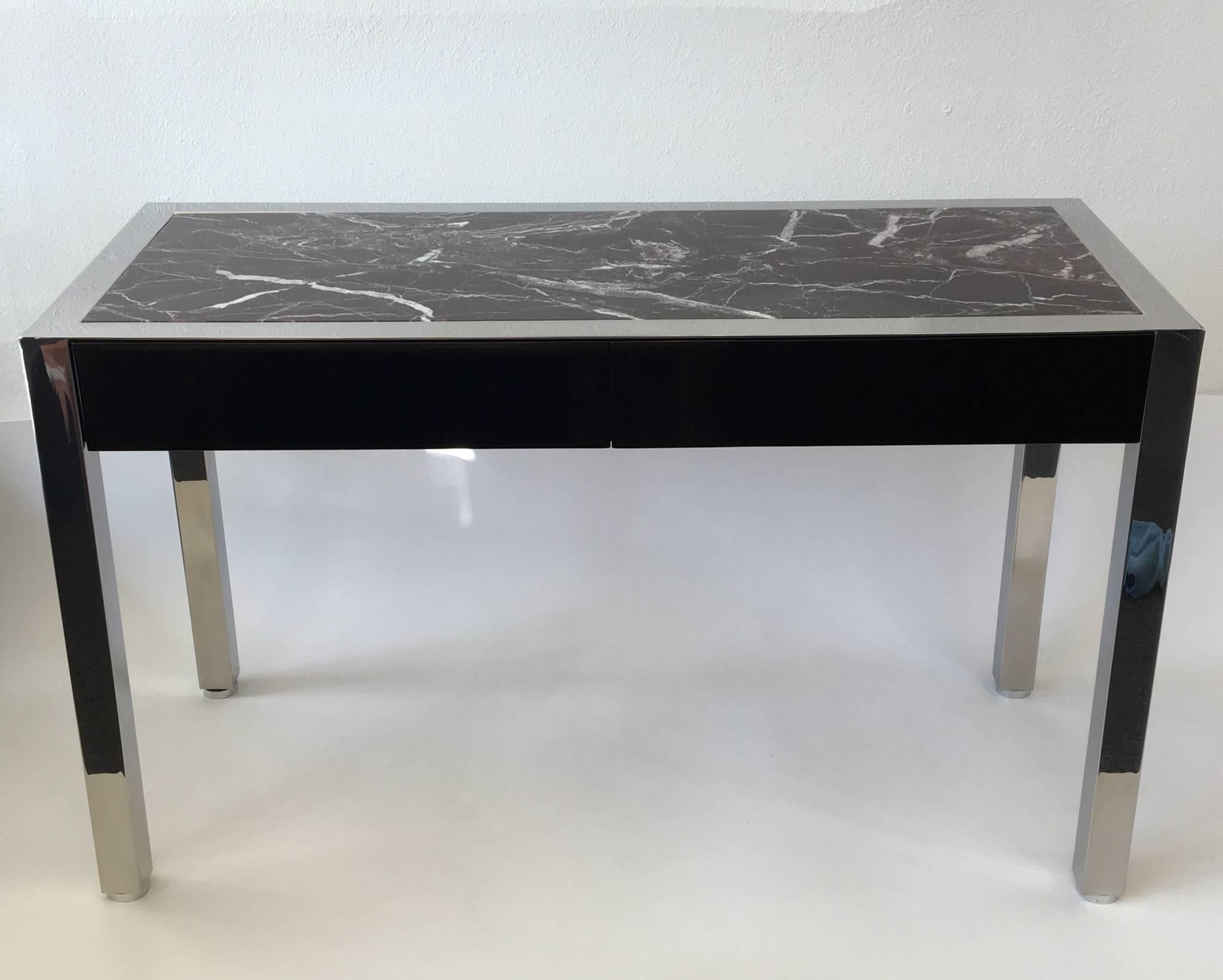 Polished Stainless Steel and Marble Console with Drawers by Pace Collection In Excellent Condition For Sale In Palm Springs, CA