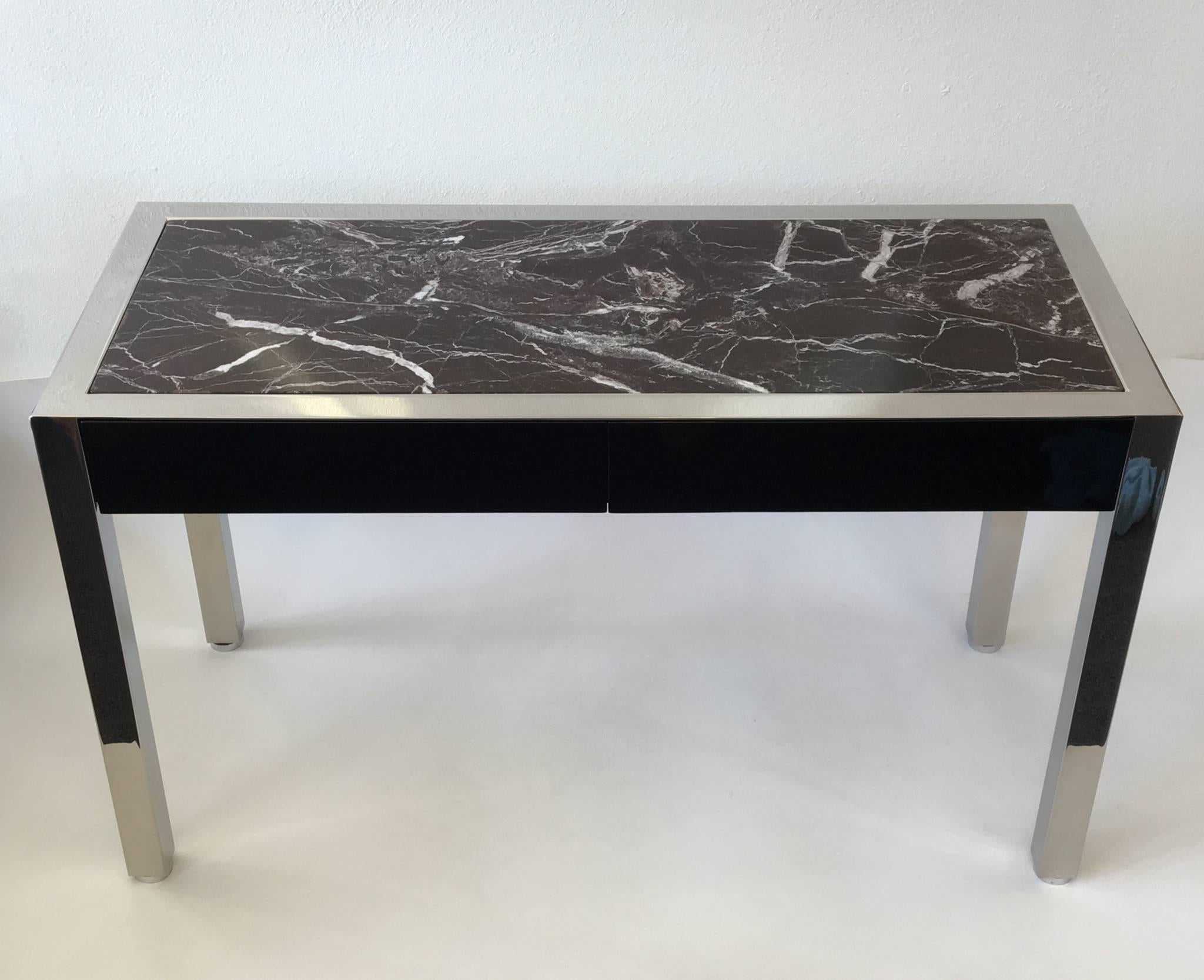 Late 20th Century Polished Stainless Steel and Marble Console with Drawers by Pace Collection For Sale