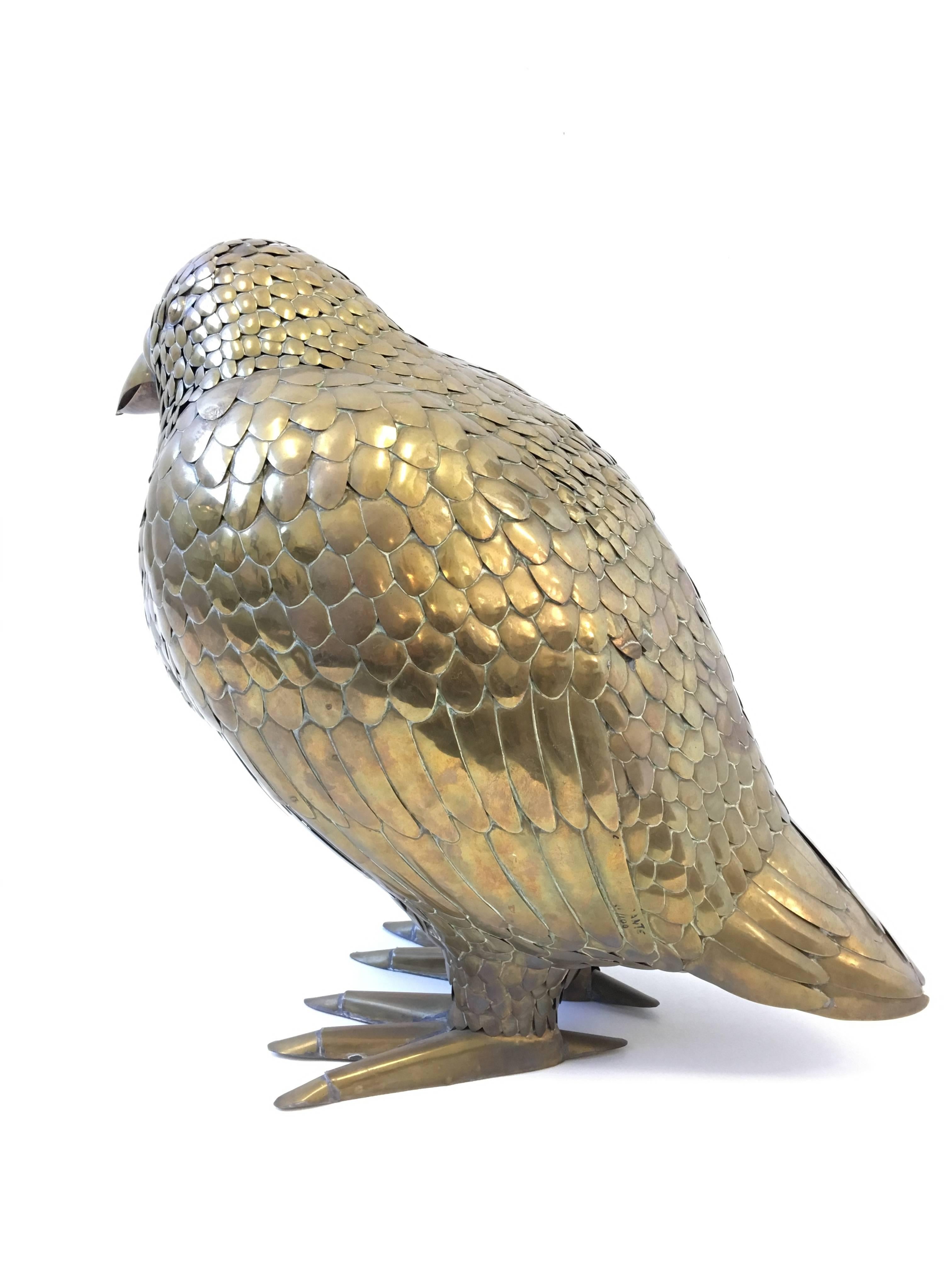 A beautiful 1970s brass bird sculpture by renowned Mexican Sculptor Sergio Bustamante.
It's signed and numbered out of 100. But the part of signature has been wiped off. ( see detail photos).
Dimensions: 17.5 high, 19