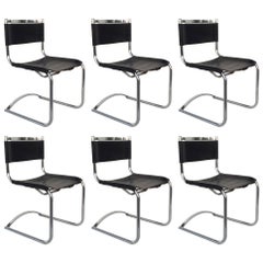 Vintage Set of Six Chrome and Saddle Leather Dinning Chairs Attributed to CY Mann