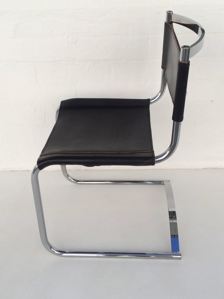 American Set of Six Chrome and Saddle Leather Dinning Chairs Attributed to CY Mann For Sale