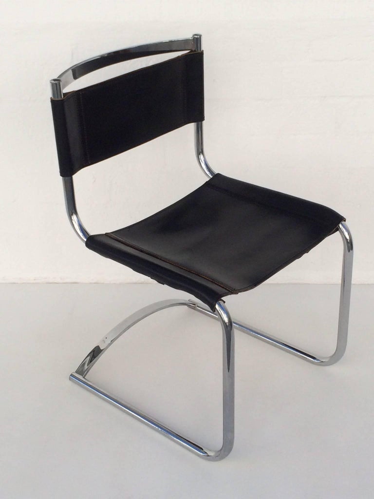 Set of Six Chrome and Saddle Leather Dinning Chairs Attributed to CY Mann In Good Condition For Sale In Palm Springs, CA