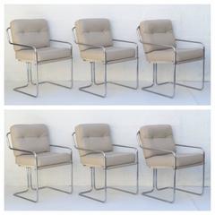 Set of Six Leather and Chrome Dining Chairs by Cy Mann