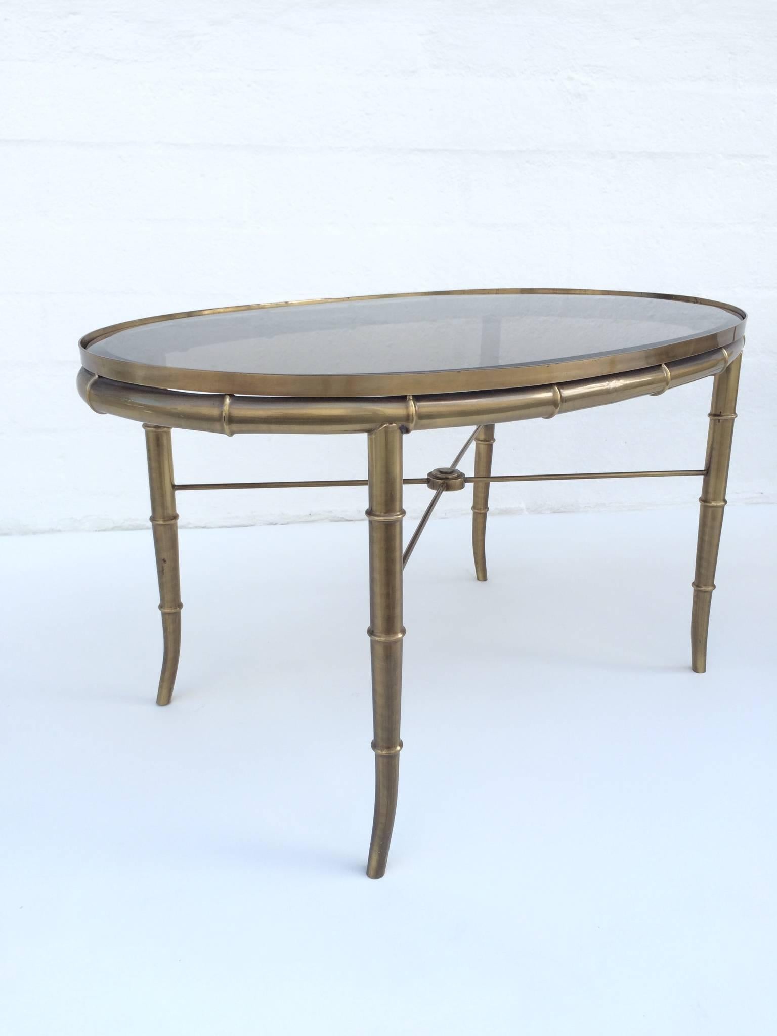 Pair of Aged Brass Faux Bamboo Occasional Tables by Mastercraft.  For Sale 4
