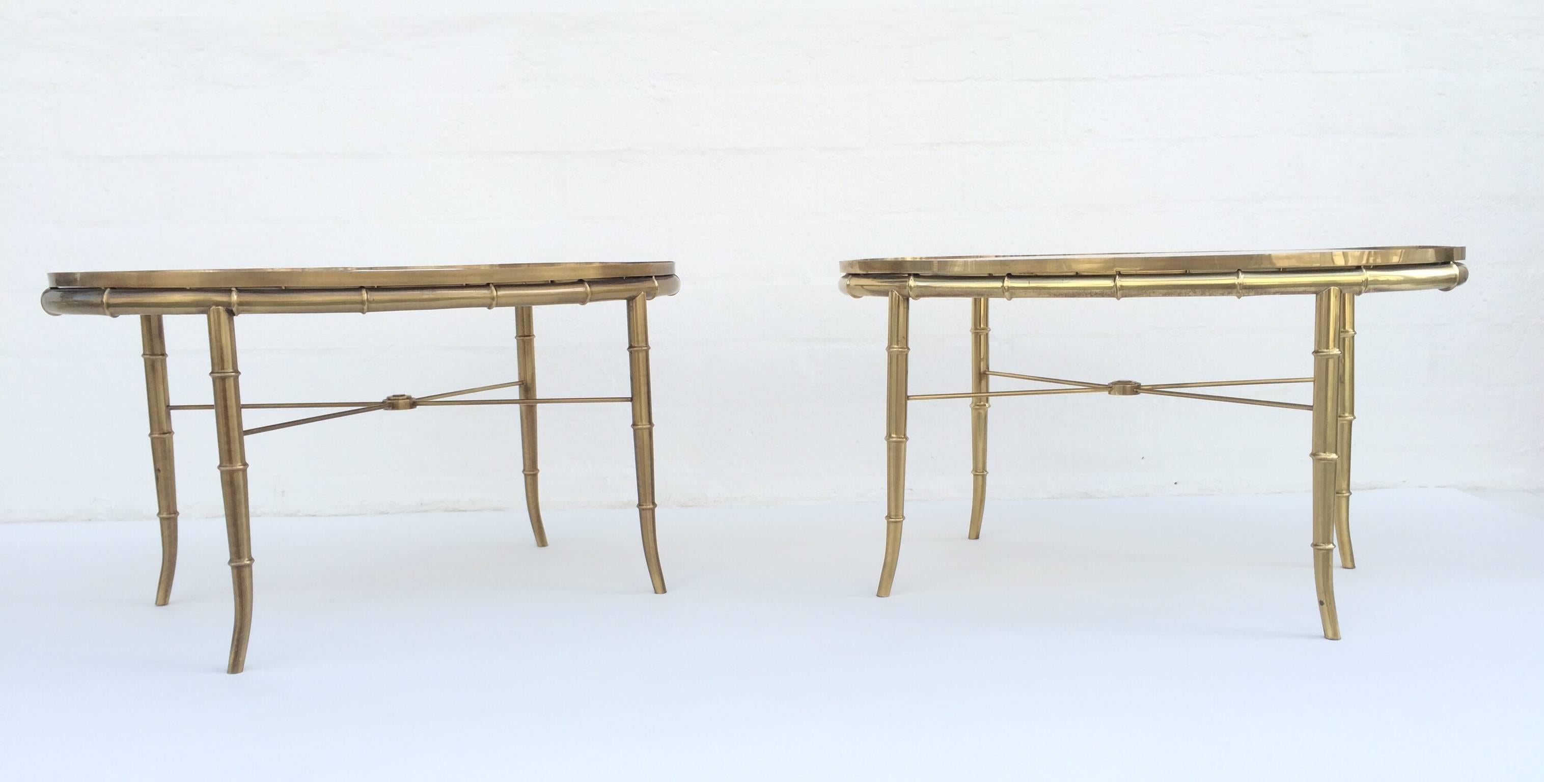 American Pair of Aged Brass Faux Bamboo Occasional Tables by Mastercraft.  For Sale