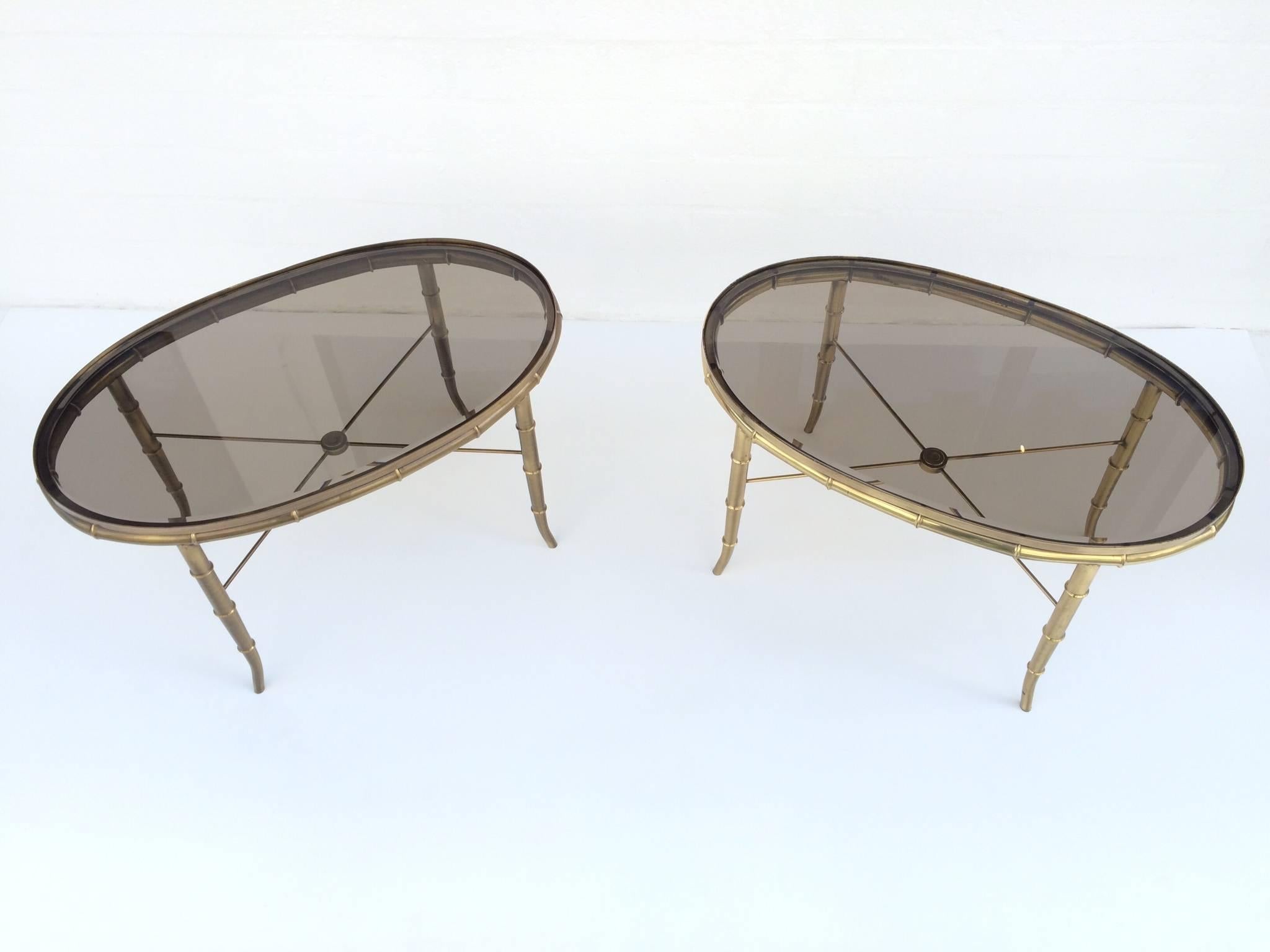 Modern Pair of Aged Brass Faux Bamboo Occasional Tables by Mastercraft.  For Sale
