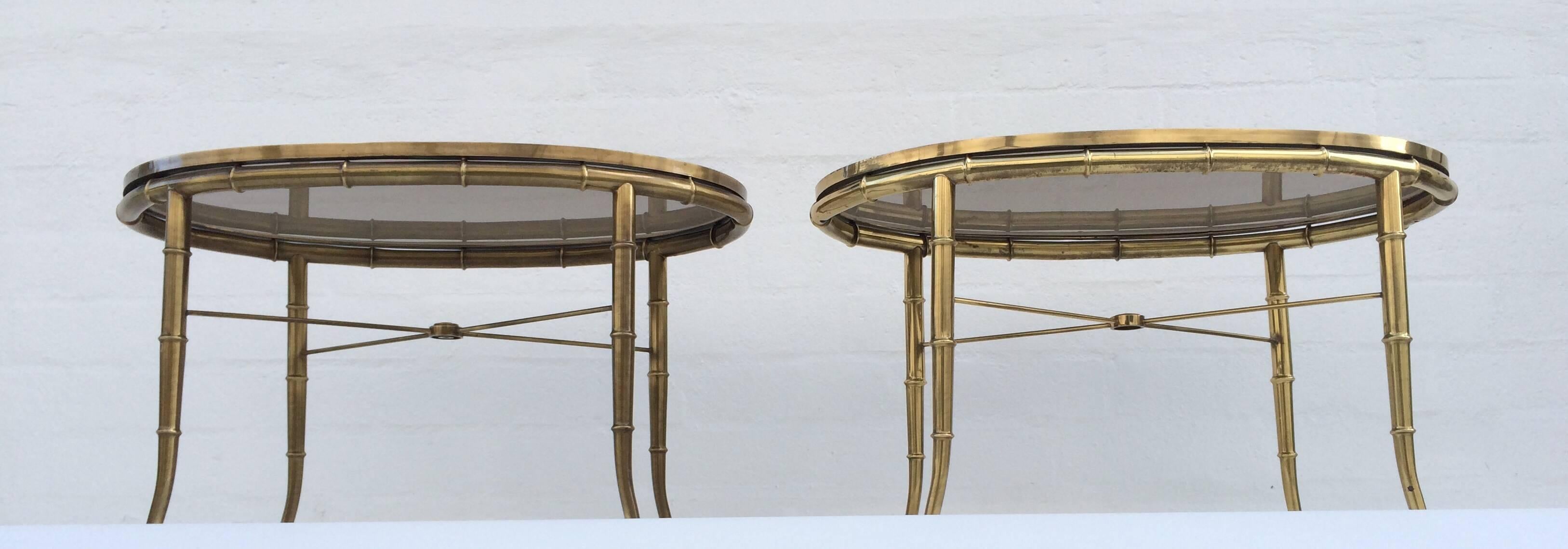 Late 20th Century Pair of Aged Brass Faux Bamboo Occasional Tables by Mastercraft.  For Sale