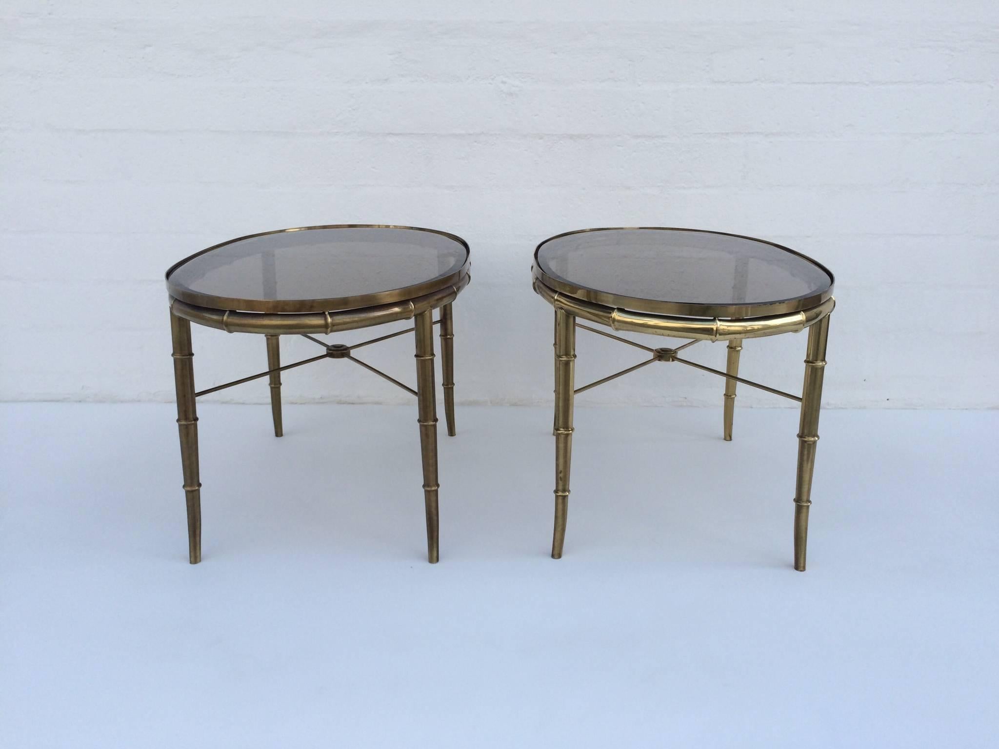 Pair of Aged Brass Faux Bamboo Occasional Tables by Mastercraft.  For Sale 2