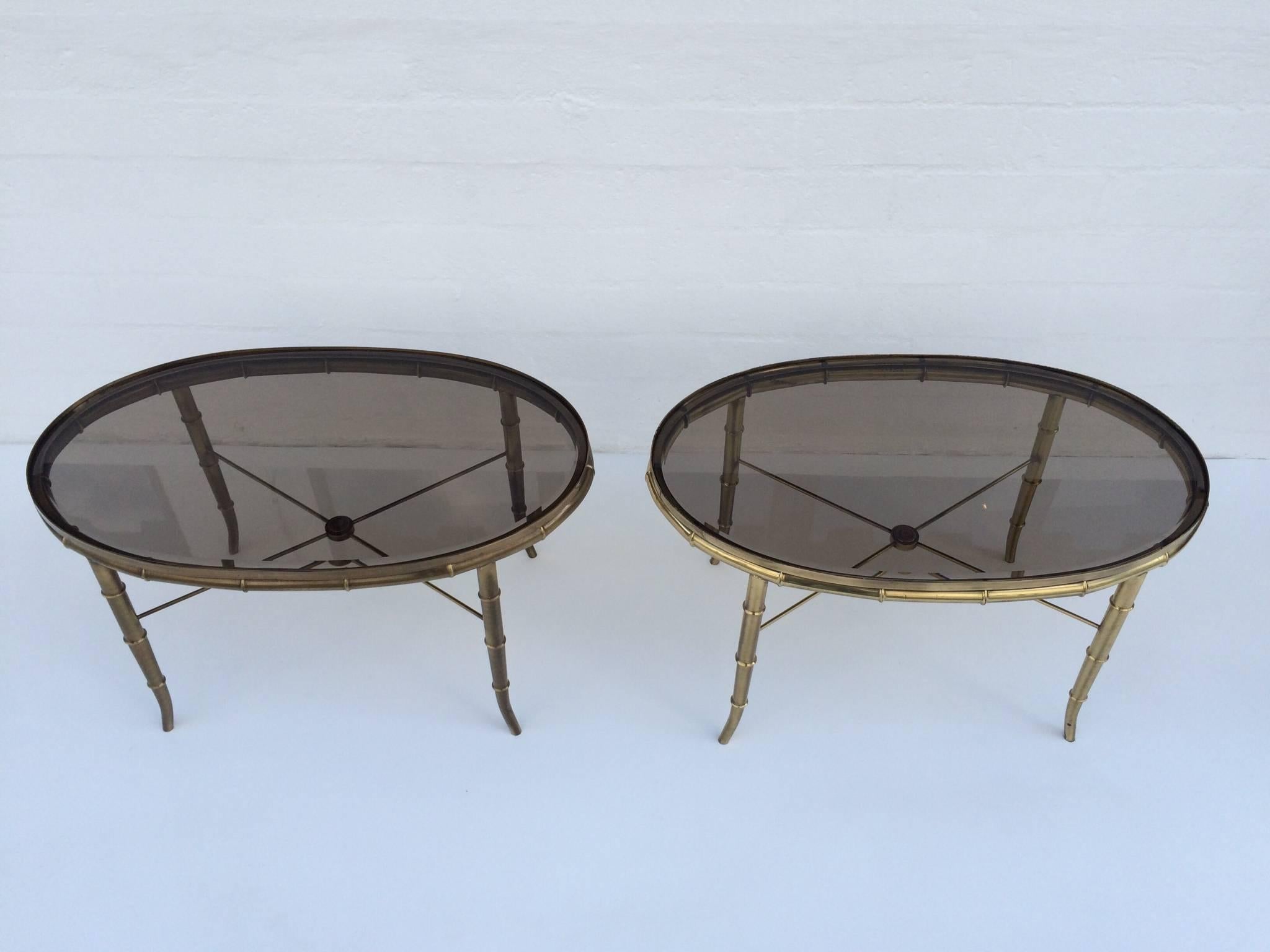 Pair of Aged Brass Faux Bamboo Occasional Tables by Mastercraft.  For Sale 1