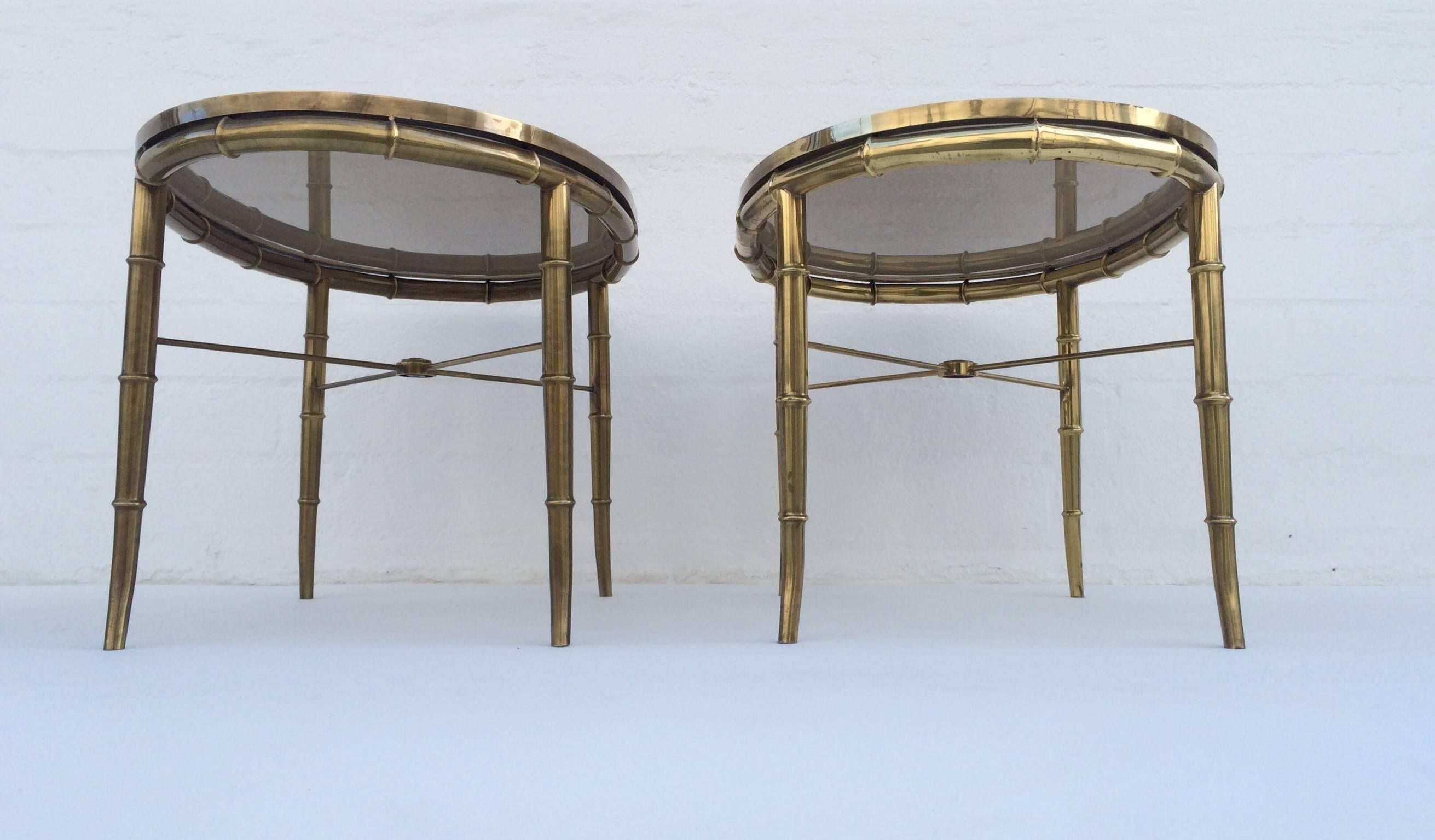 Pair of Aged Brass Faux Bamboo Occasional Tables by Mastercraft.  In Excellent Condition For Sale In Palm Springs, CA