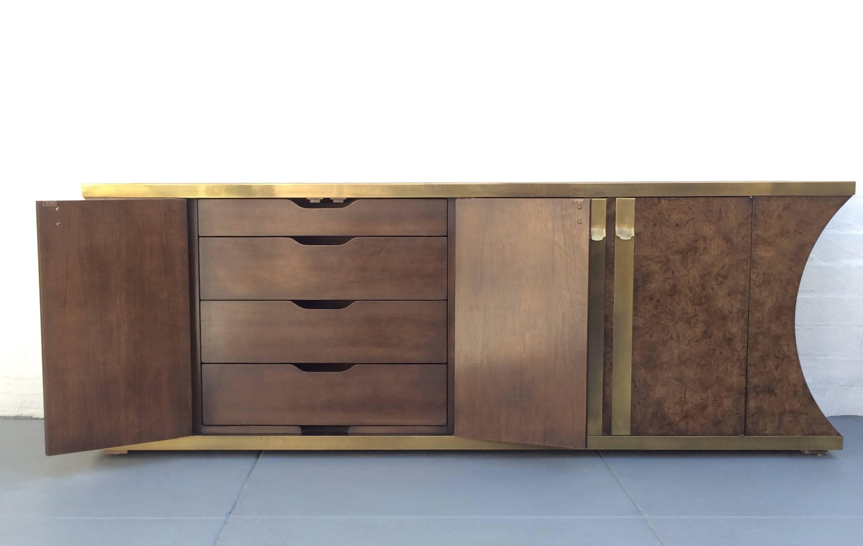 Mid-Century Modern Burlwood and Aged Brass Credenza by Mastercraft 