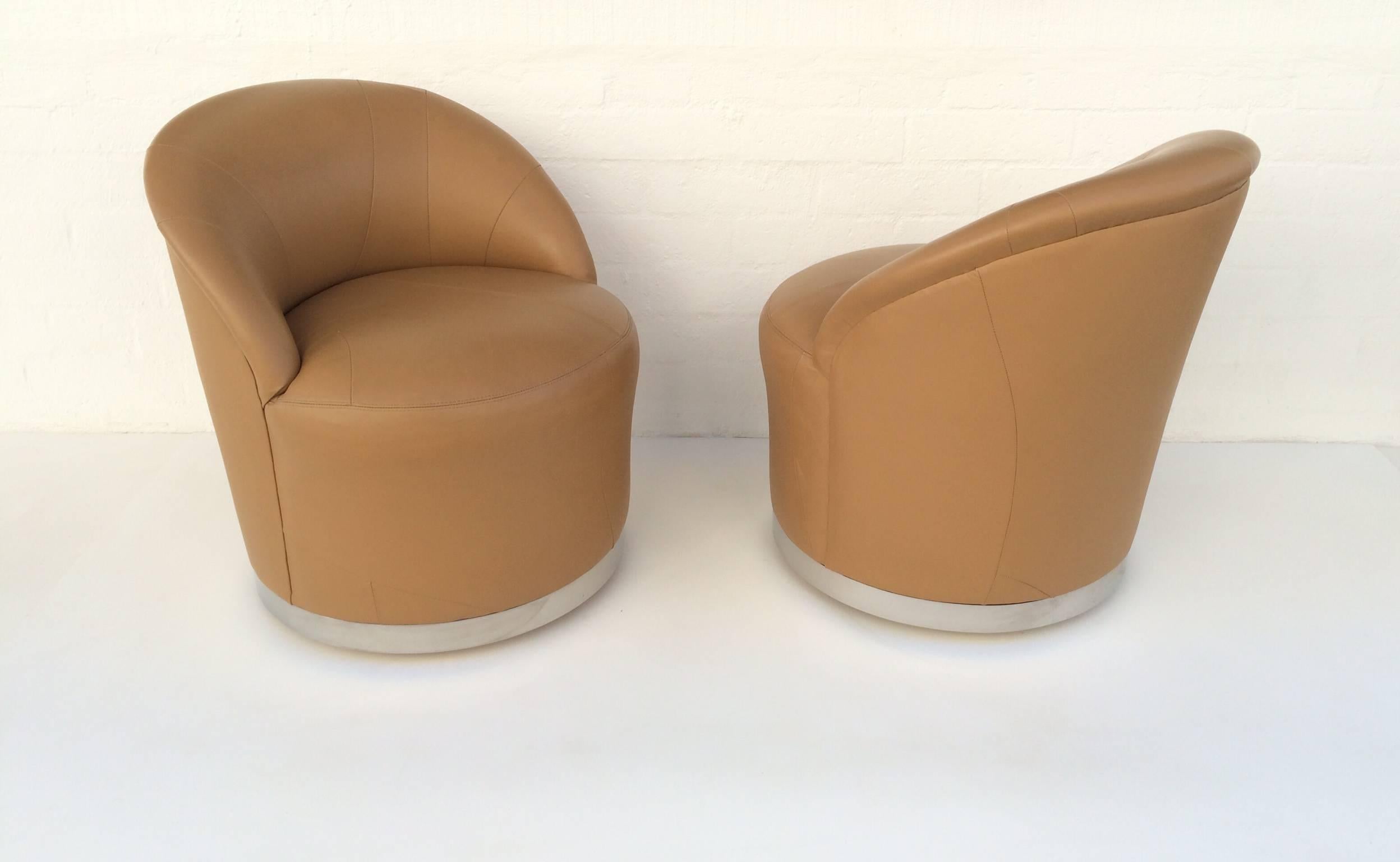 Modern Set of Four Leather and Chrome Swivel Chairs by J Robert Scott & Associates For Sale