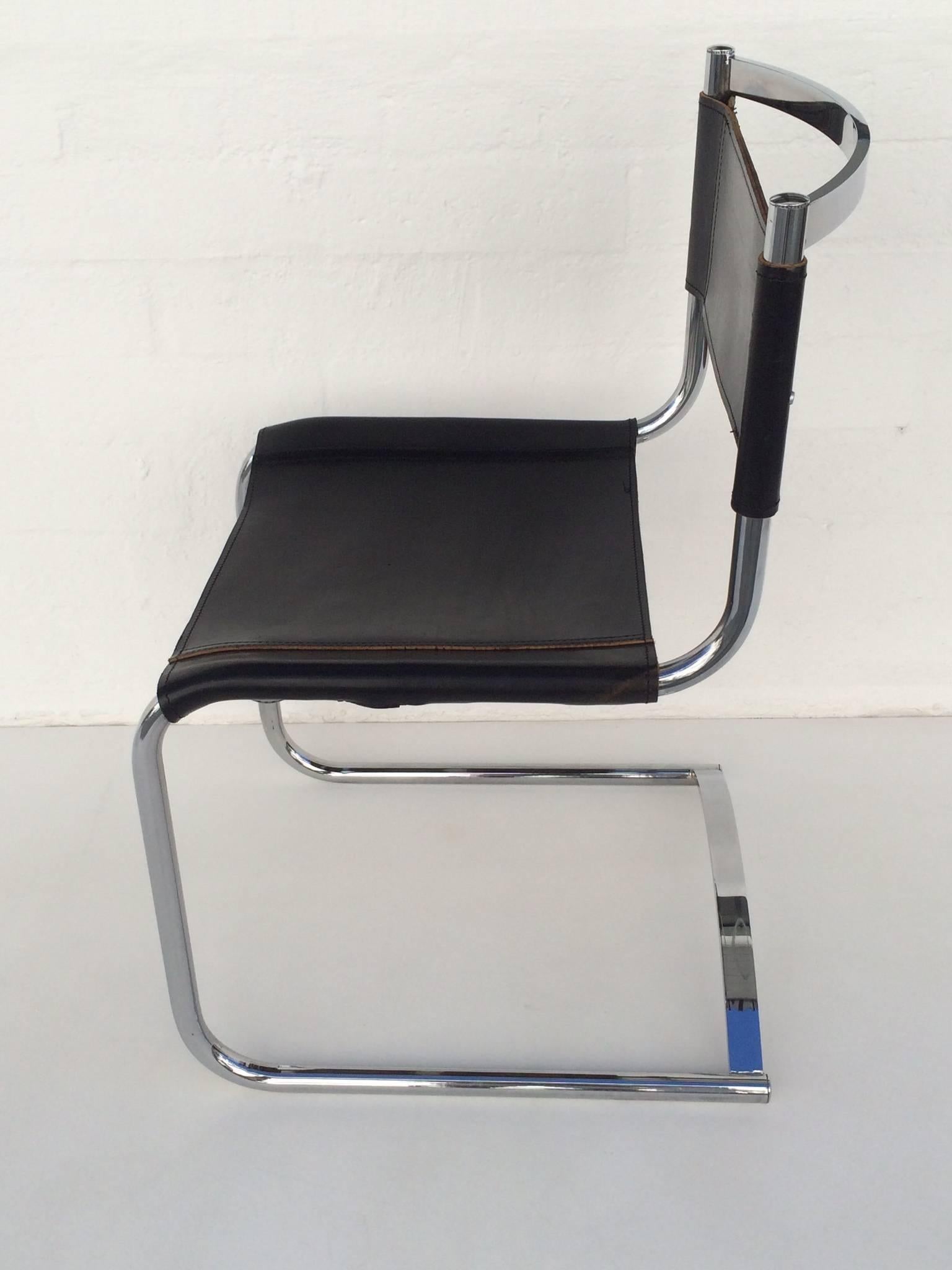 American Set of Six Chrome and Saddle Leather Dinning Chairs by Cy Mann