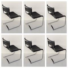 Set of Six Chrome and Saddle Leather Dinning Chairs by Cy Mann