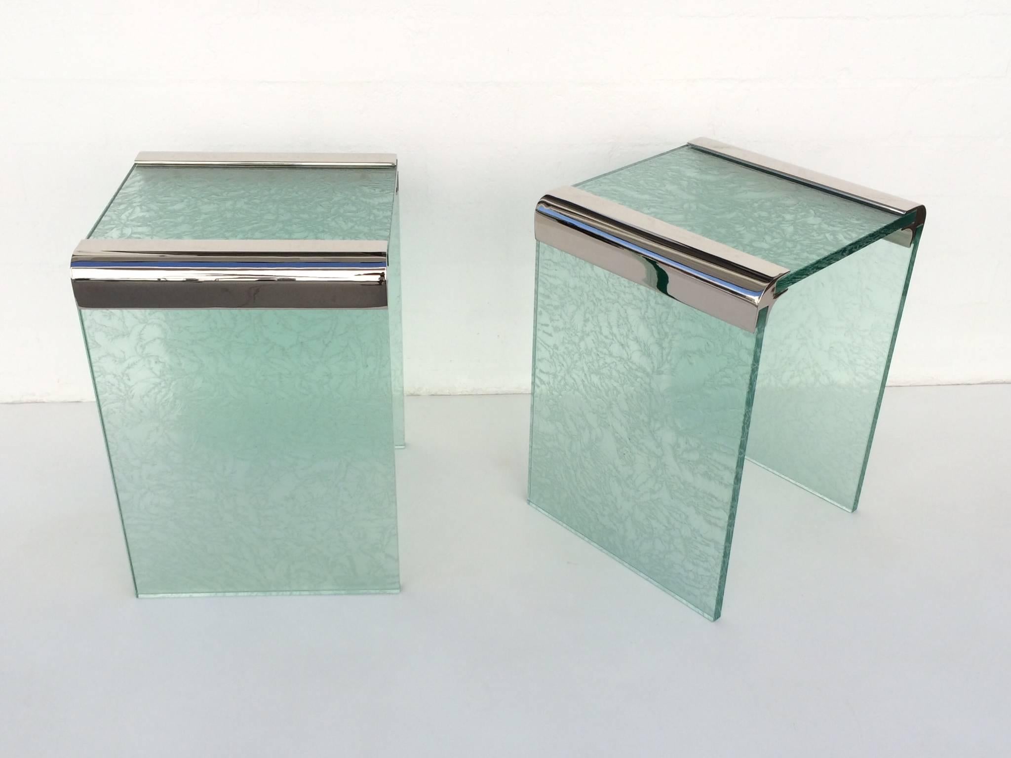 A stunning pair of etched glass side tables ( can also be used as night stands ) made by Pace Collection. 
These tables have newly re-plated polished nickel and the original 3/4
