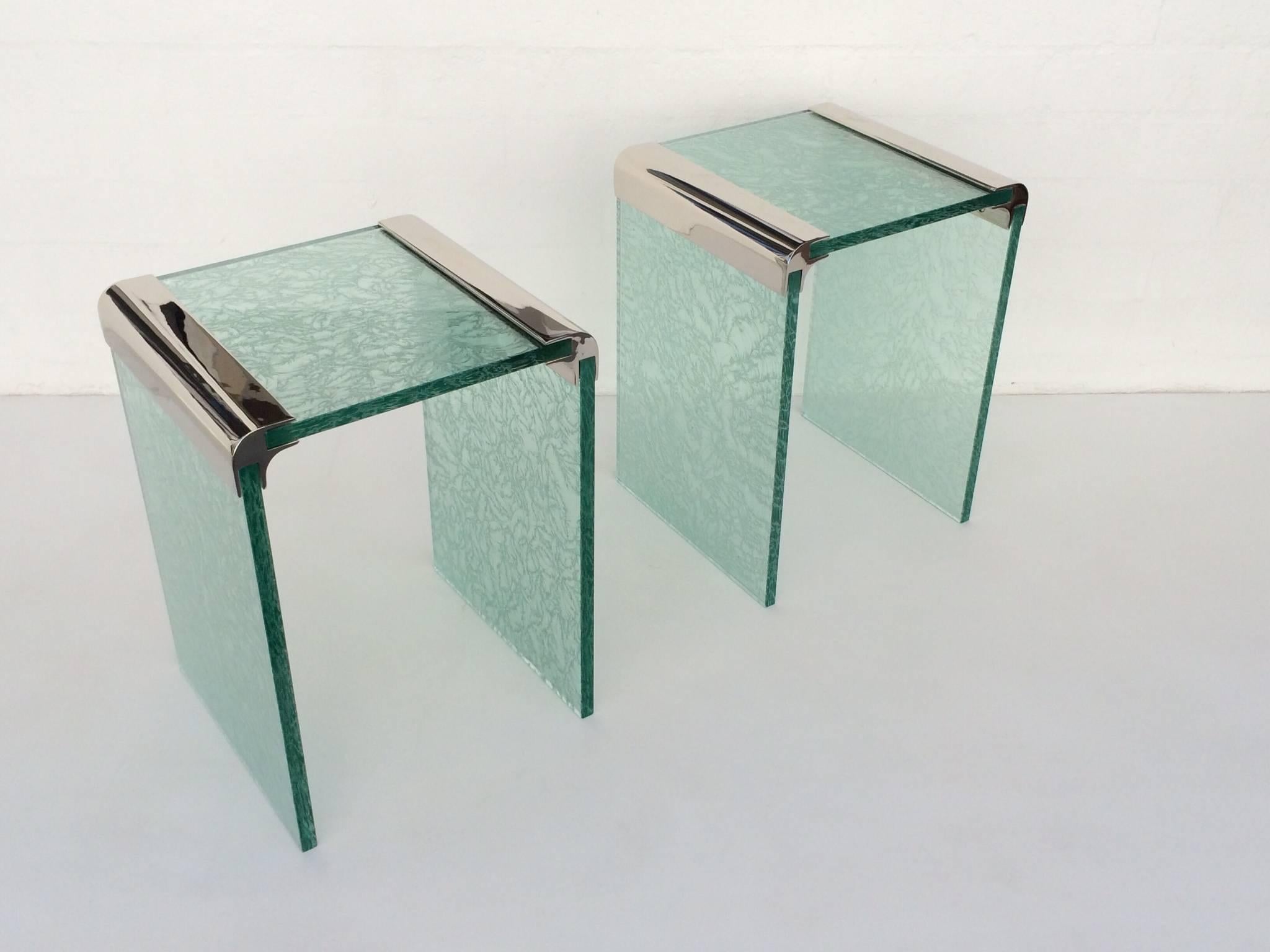 Pair of Etched Glass and Nickel Side Tables by Pace Collection 4