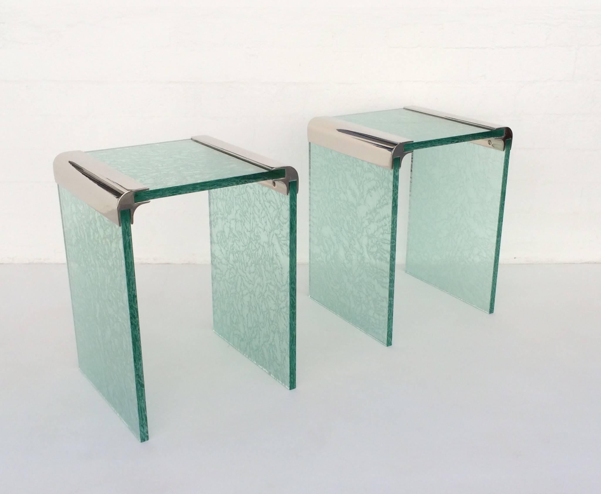 Pair of Etched Glass and Nickel Side Tables by Pace Collection 1