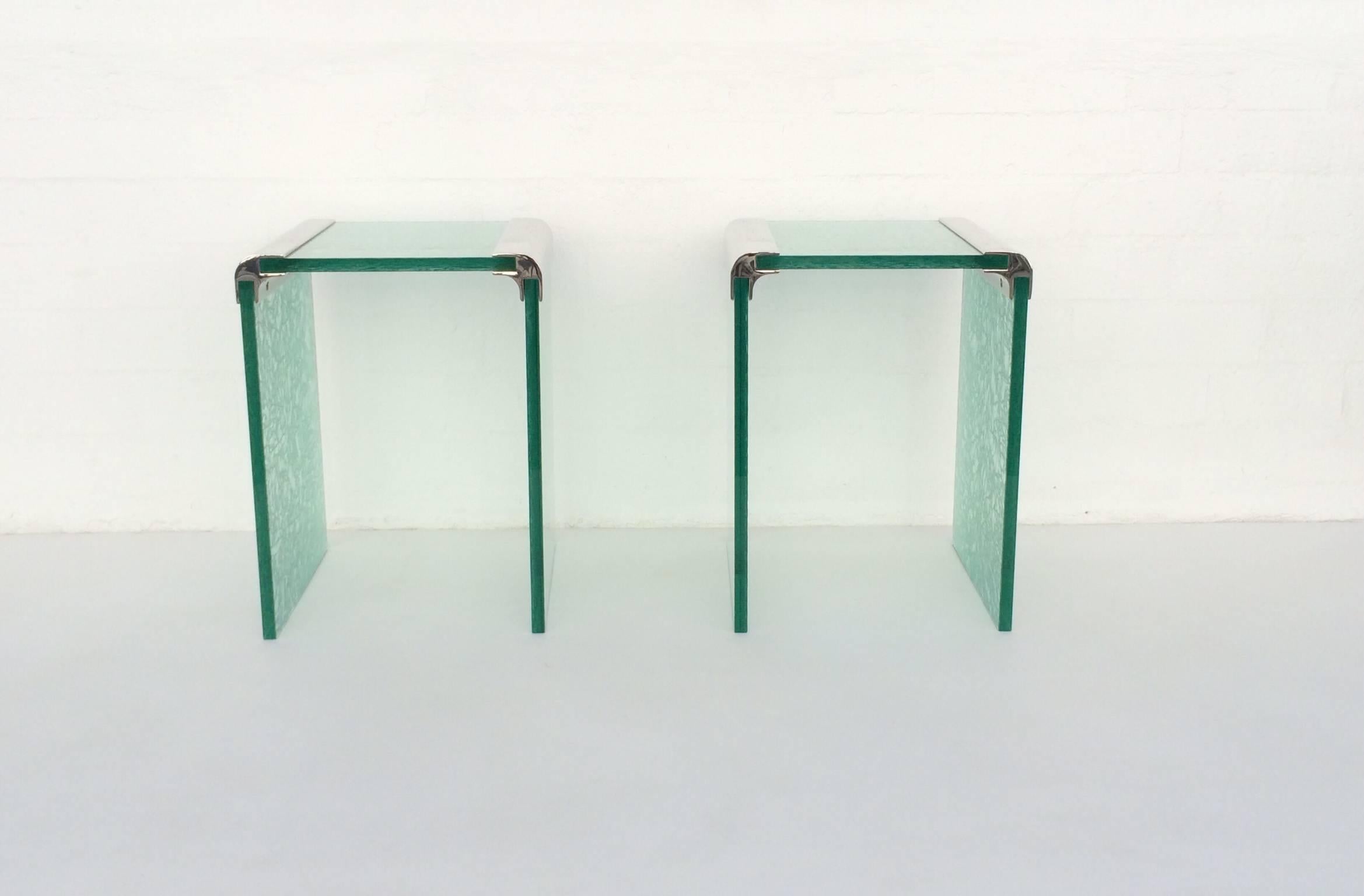 Mid-Century Modern Pair of Etched Glass and Nickel Side Tables by Pace Collection