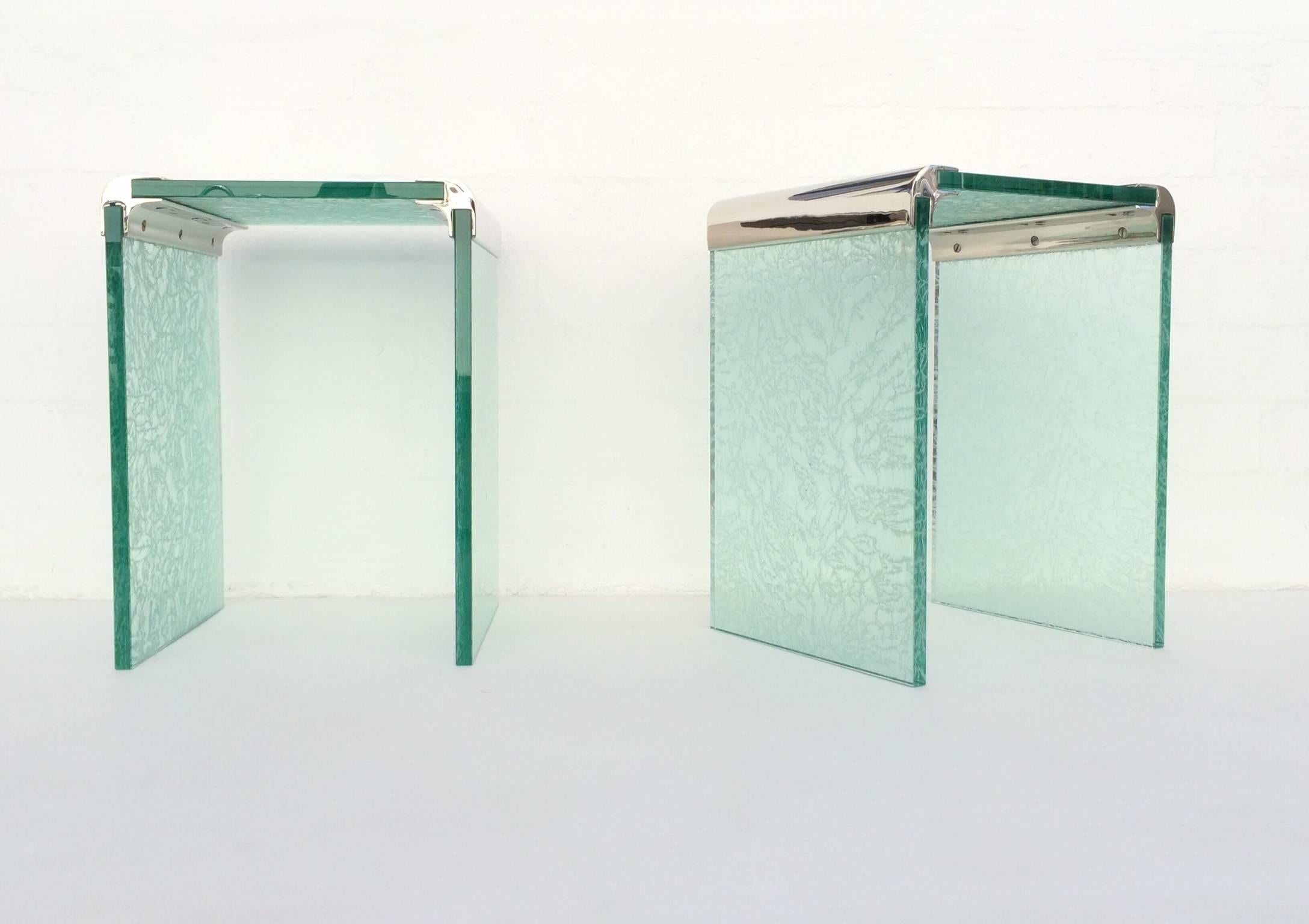 American Pair of Etched Glass and Nickel Side Tables by Pace Collection