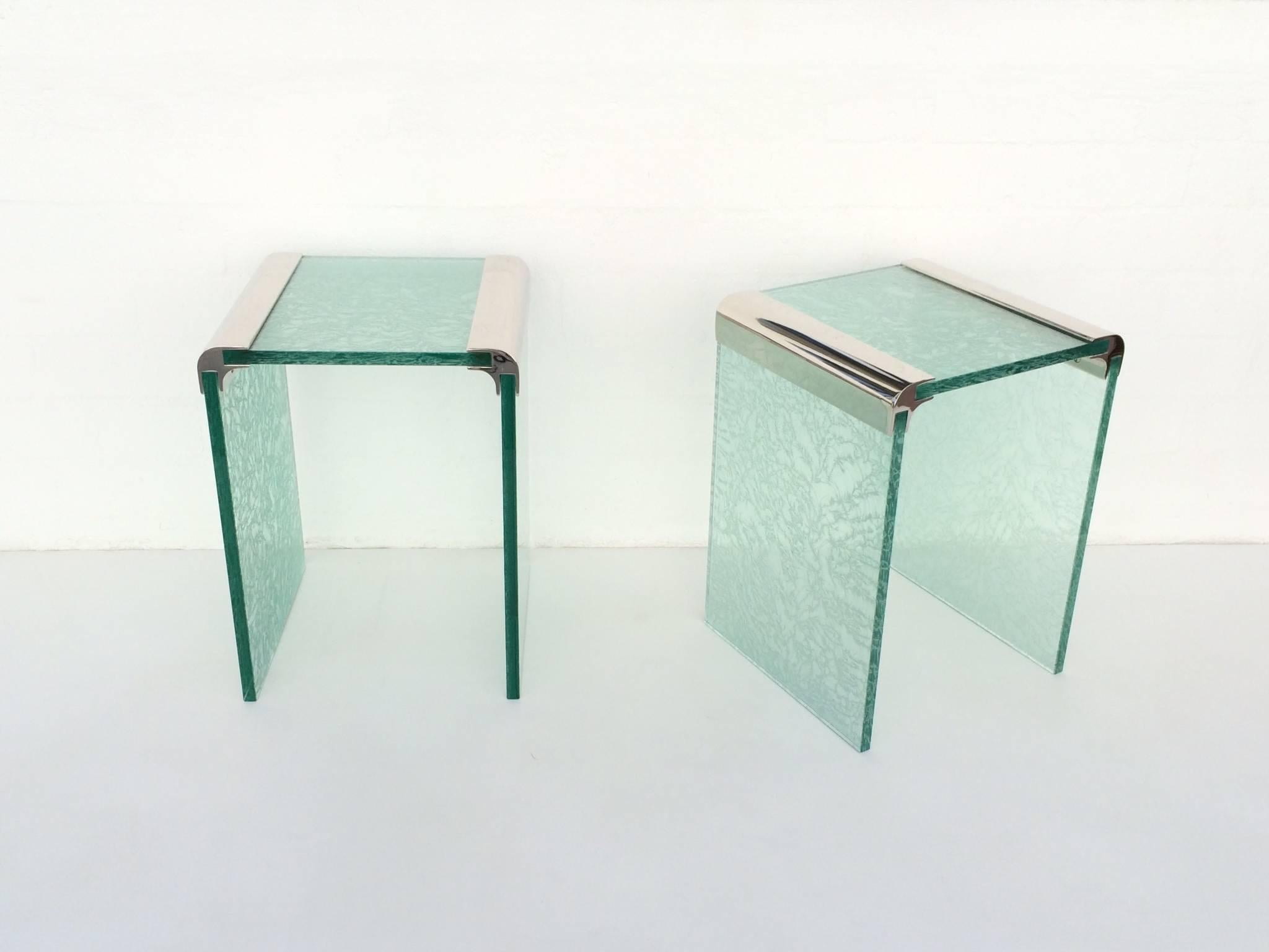 Late 20th Century Pair of Etched Glass and Nickel Side Tables by Pace Collection