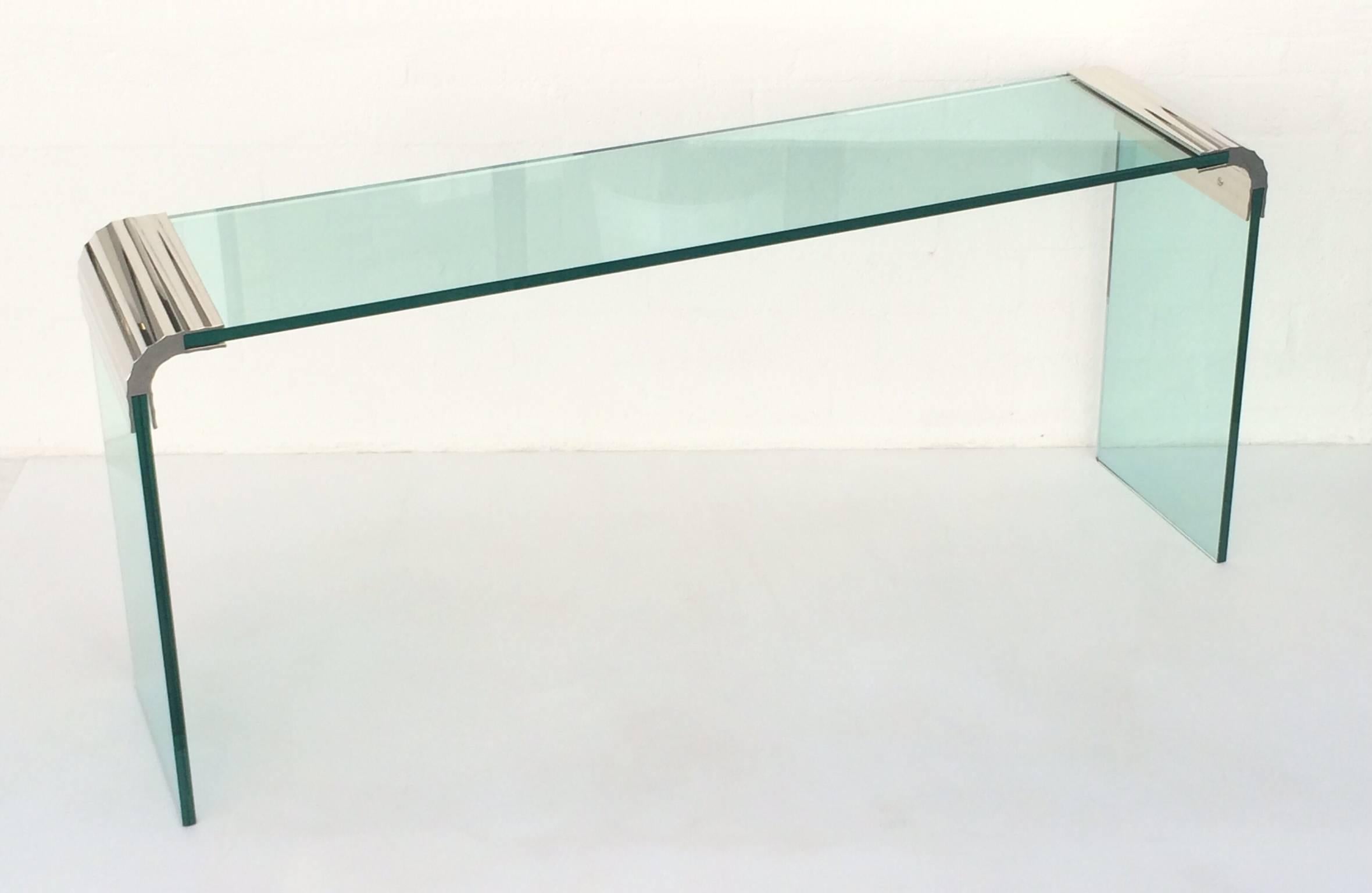 Mid-Century Modern Scalloped Nickel and Glass Console Table by Leon Rosen for Pace Collection